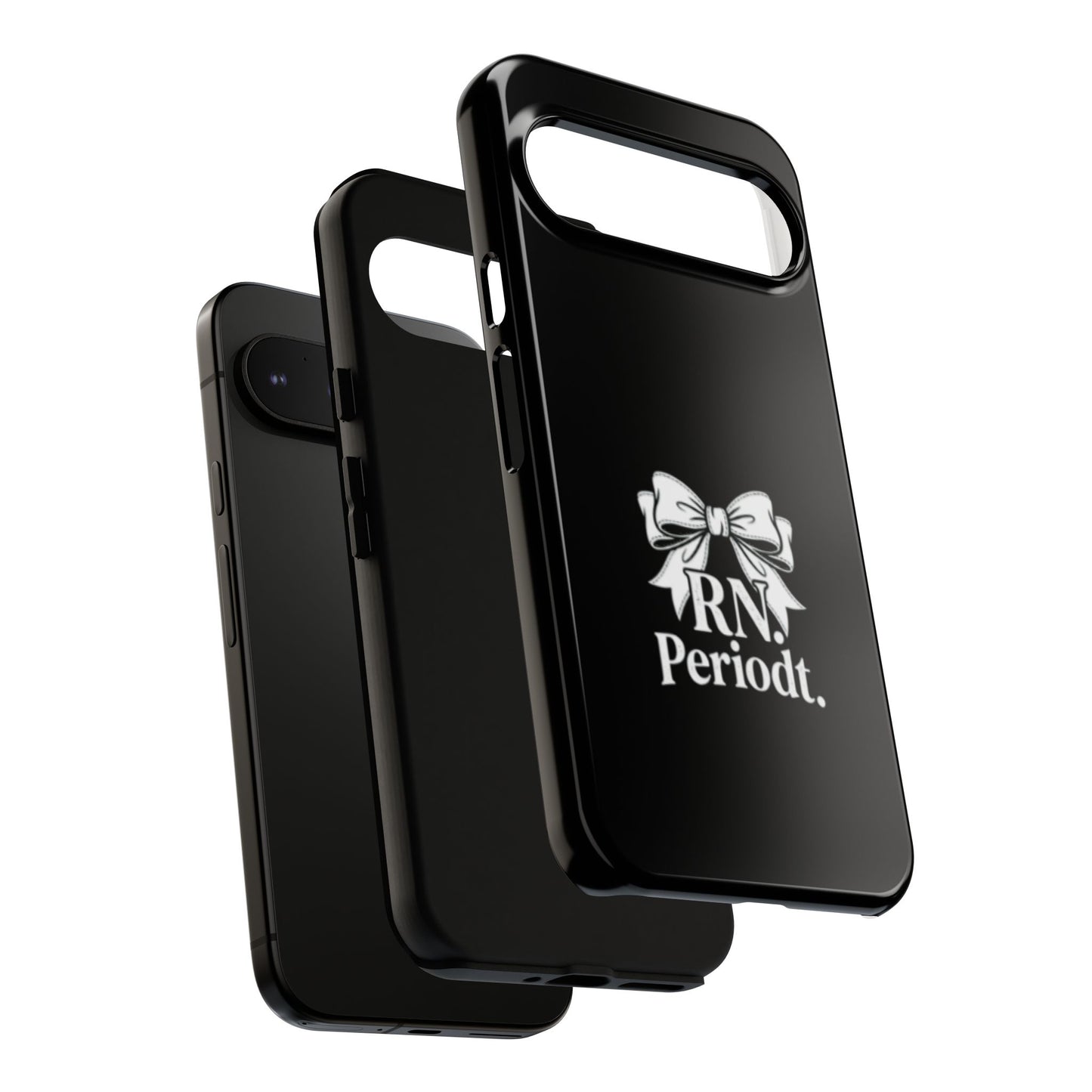 Front view of RN Phone Case with bold white bow print