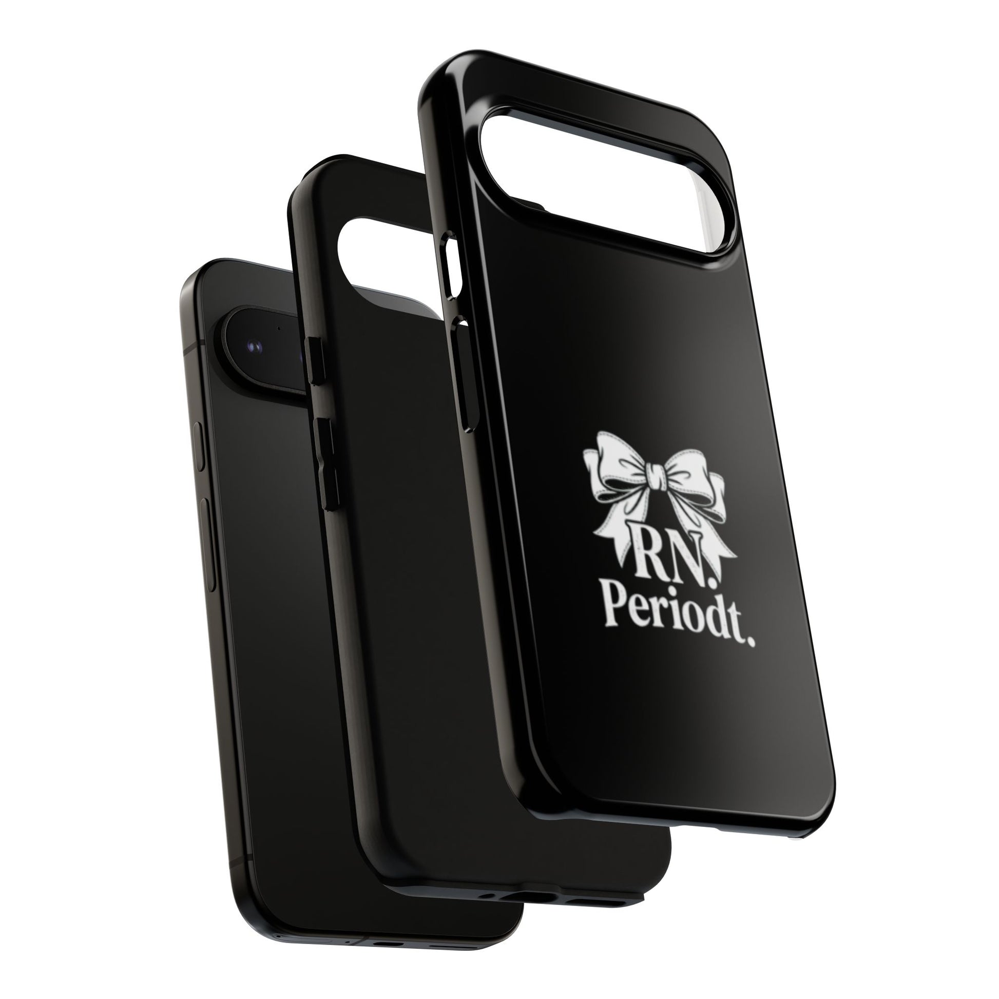 Front view of RN Phone Case with bold white bow print
