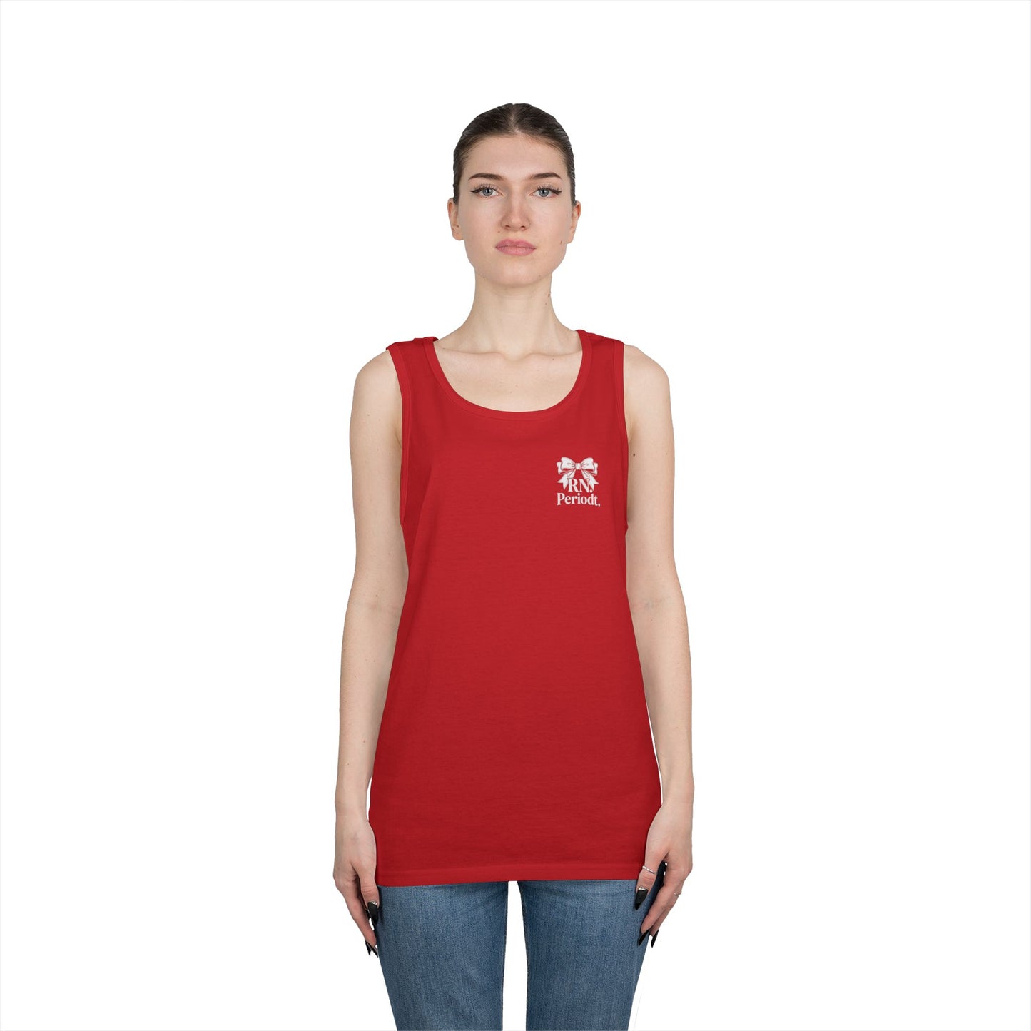 Bow Logo Tank Top worn layered under open shirt style