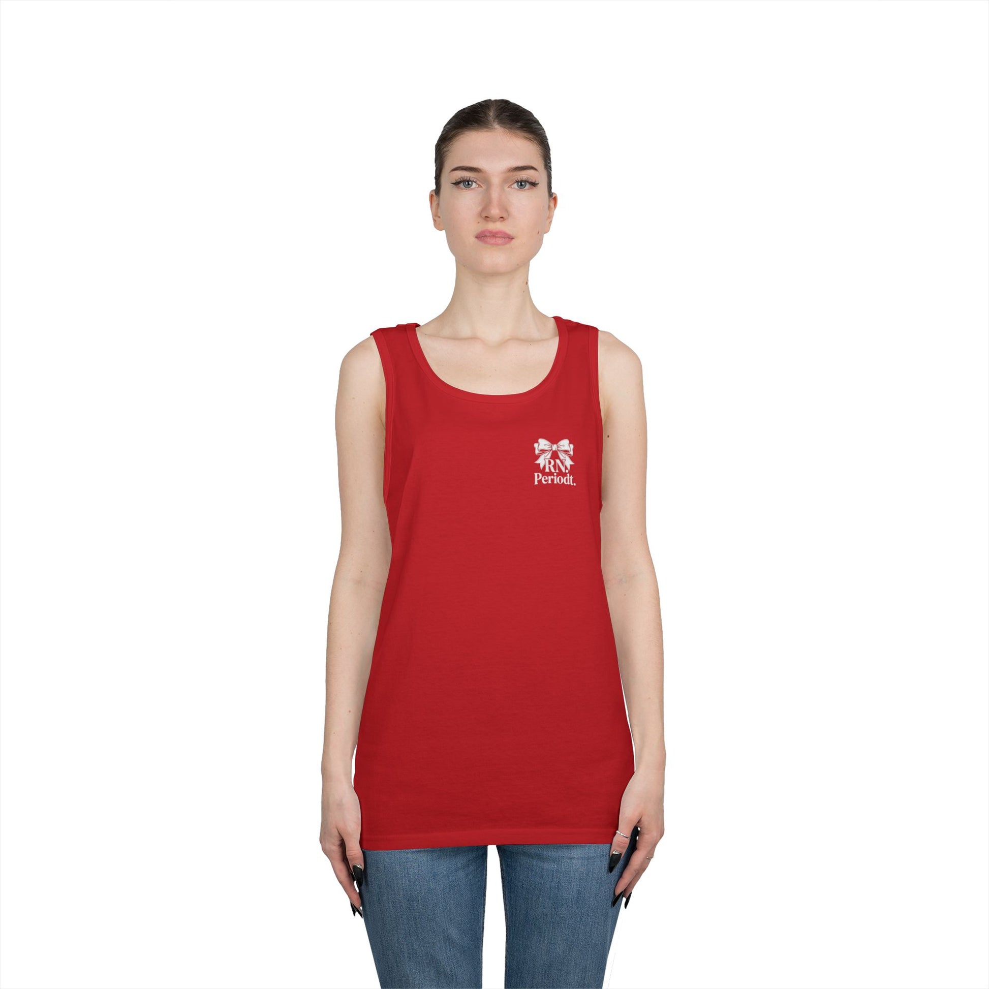 Bow Logo Tank Top worn layered under open shirt style