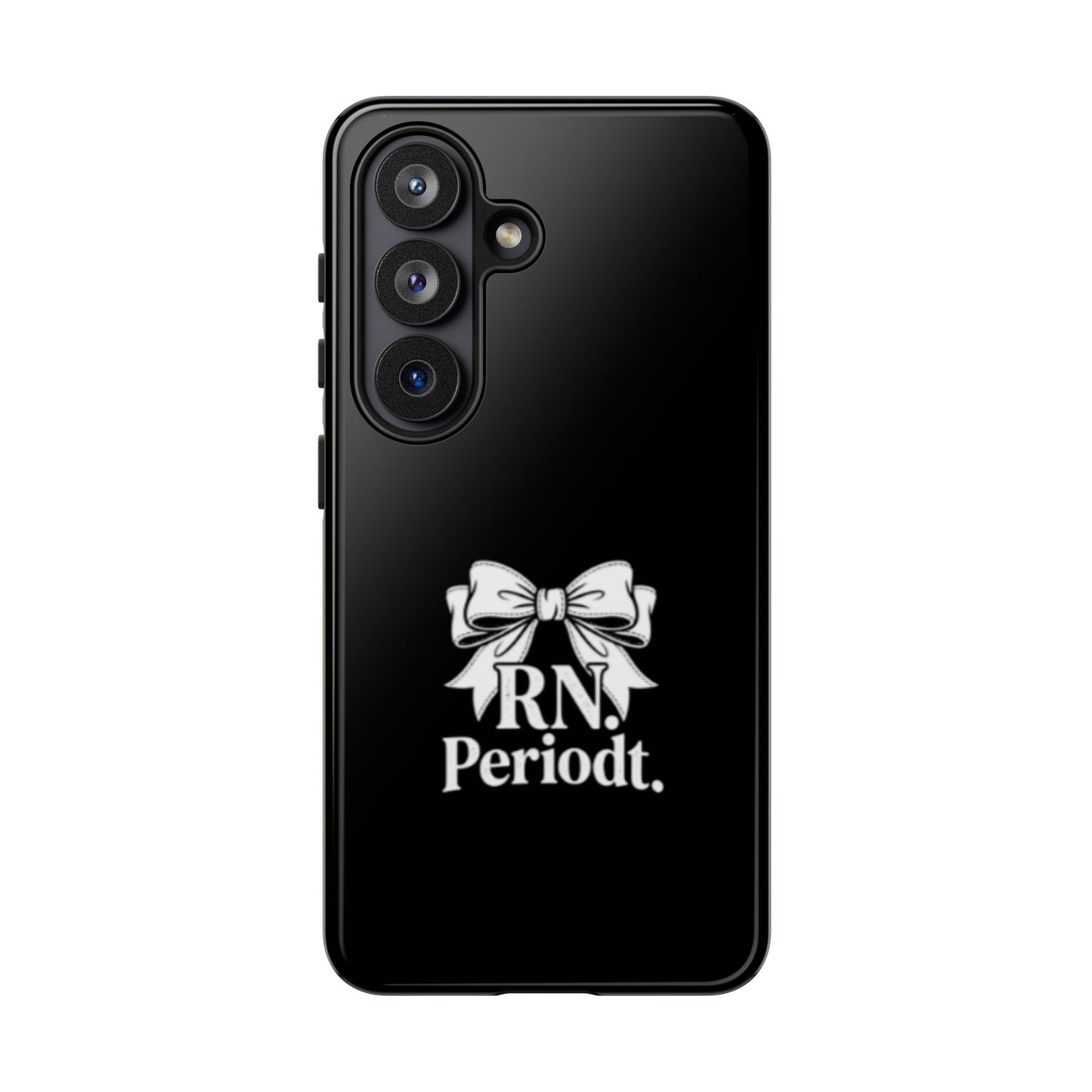 Front view of RN Phone Case with bold white bow print
