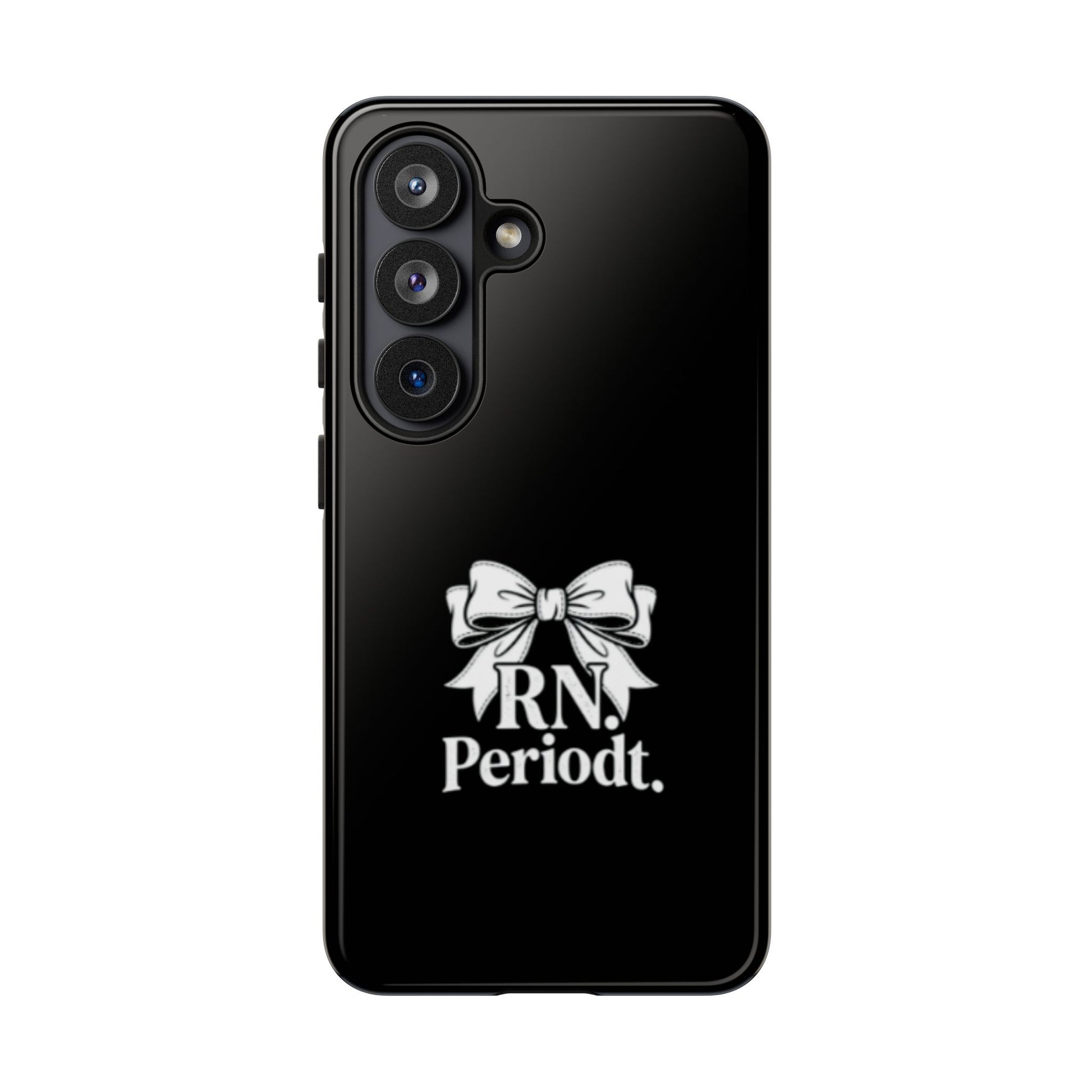 Front view of RN Phone Case with bold white bow print
