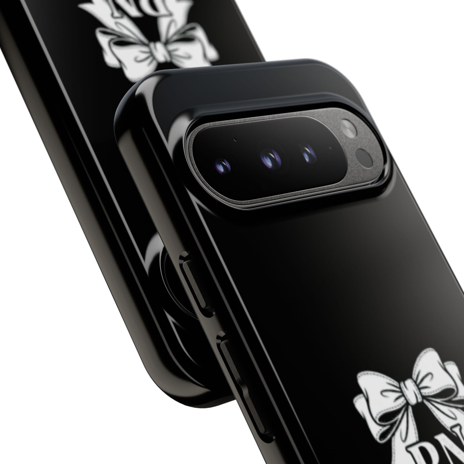 Front view of RN Phone Case with bold white bow print