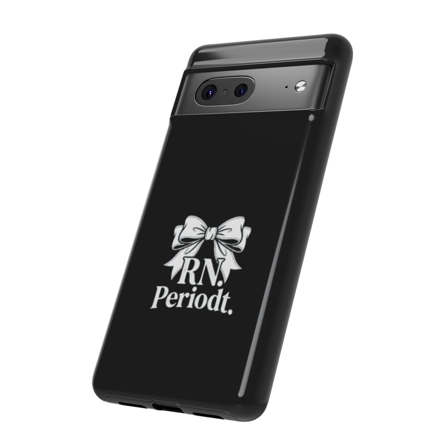Front view of RN Phone Case with bold white bow print