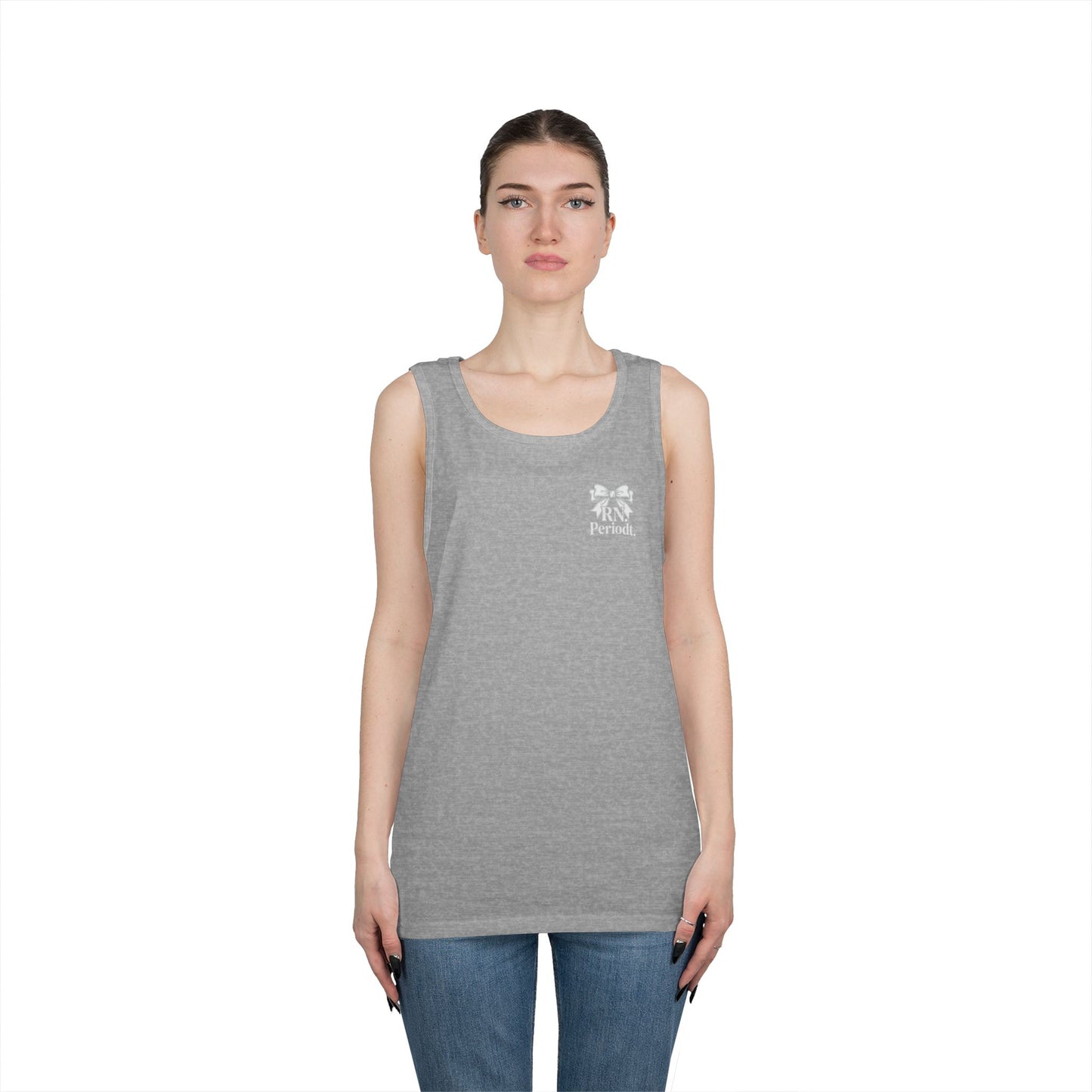 Bow Logo Tank Top worn layered under open shirt style