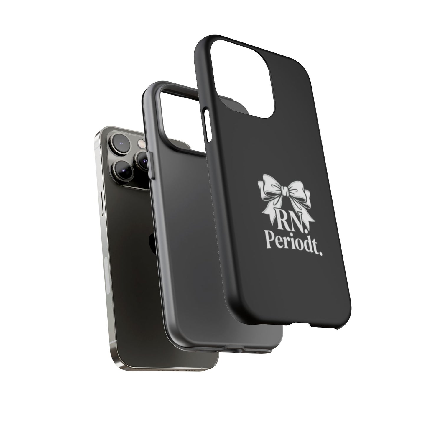 Front view of RN Phone Case with bold white bow print