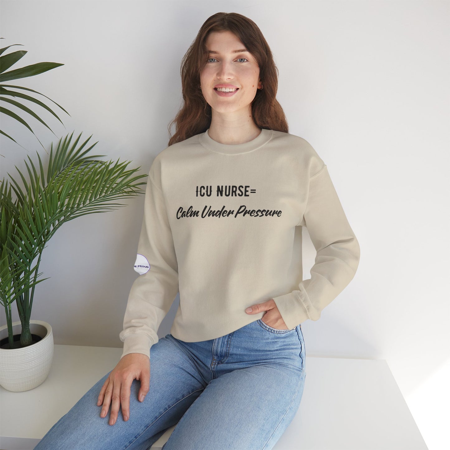 Side view of ICU Nurse Sweatshirt with ribbed collar