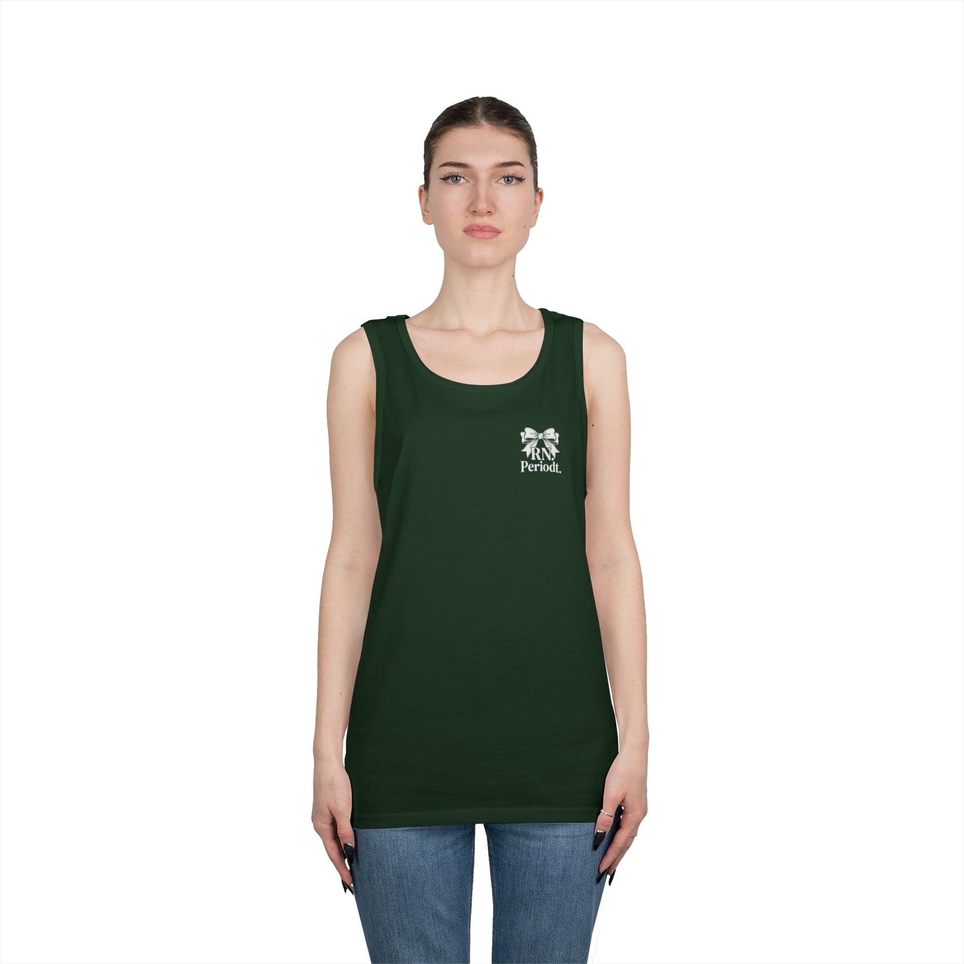 Bow Logo Tank Top worn layered under open shirt style