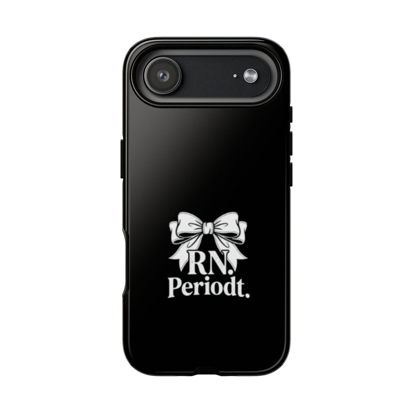 Front view of RN Phone Case with bold white bow print
