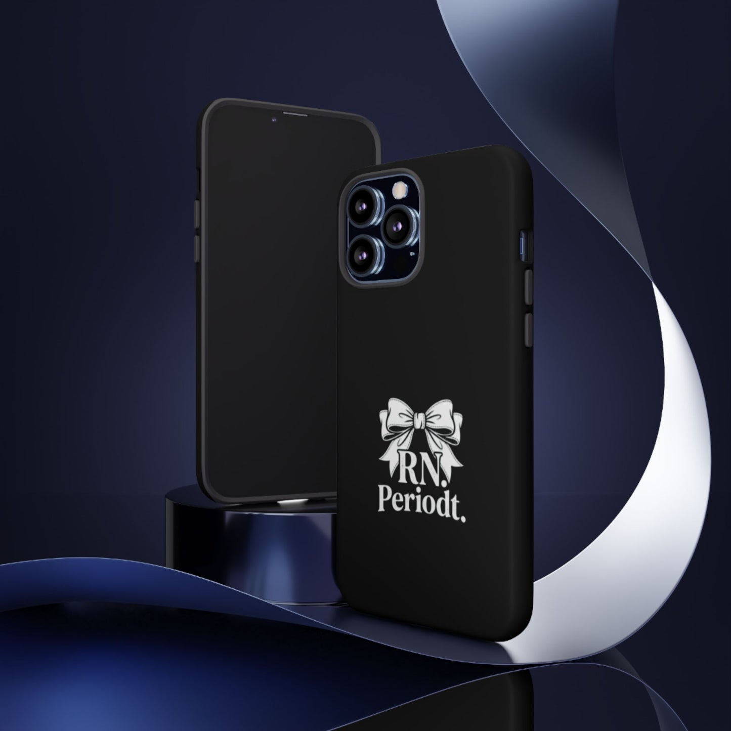 Front view of RN Phone Case with bold white bow print