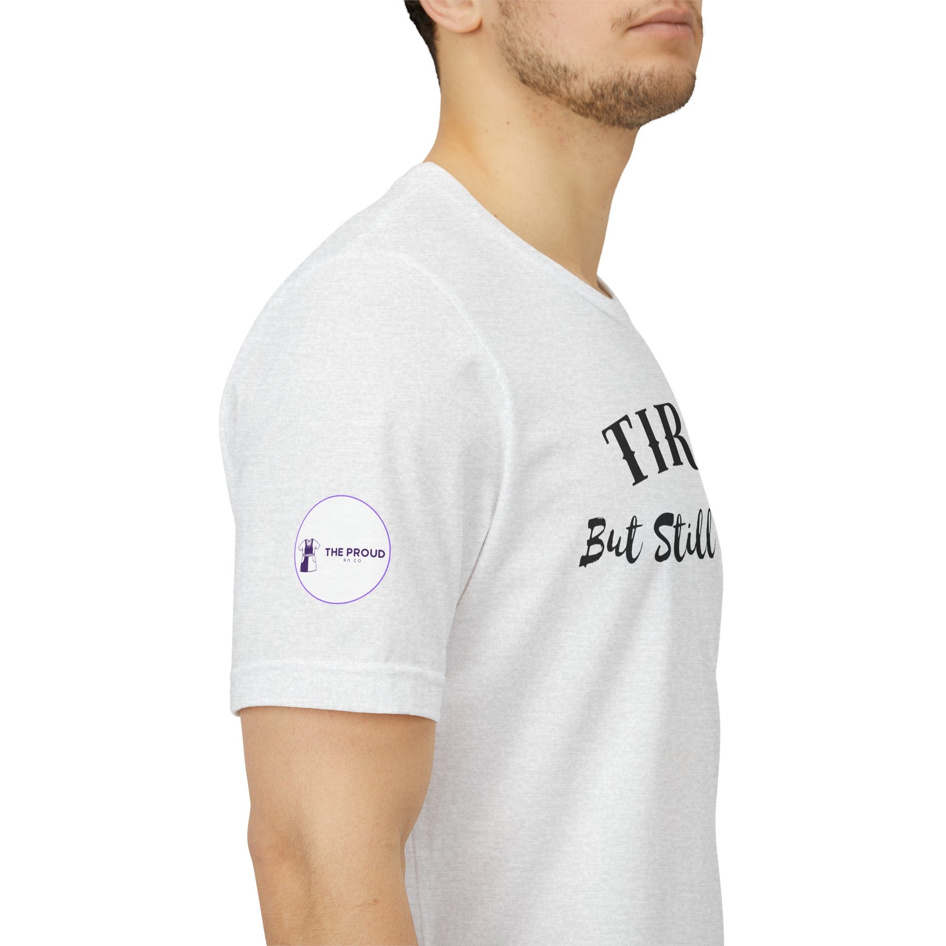 Tired But Still Caring T-Shirt showing sleeve print detail