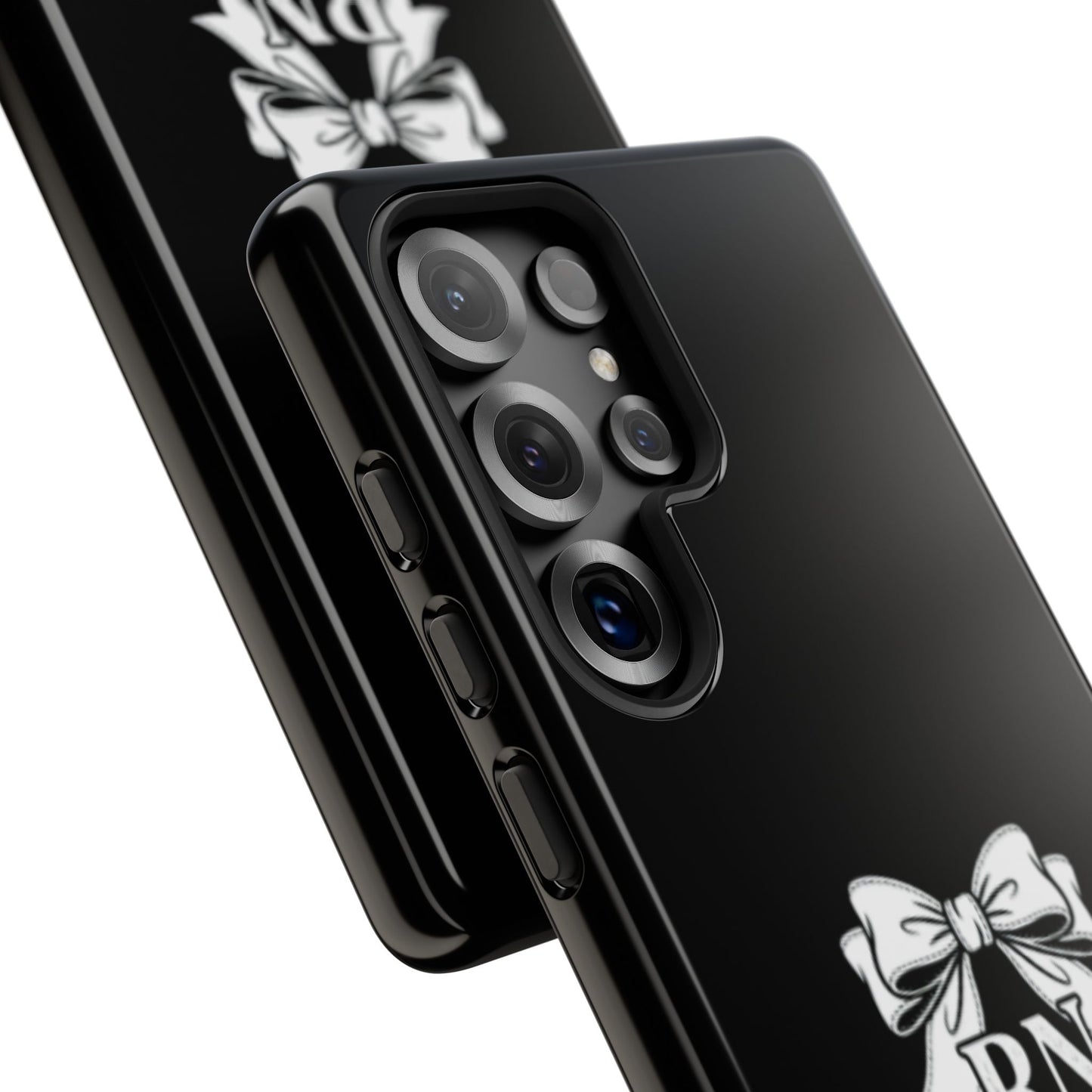 Front view of RN Phone Case with bold white bow print