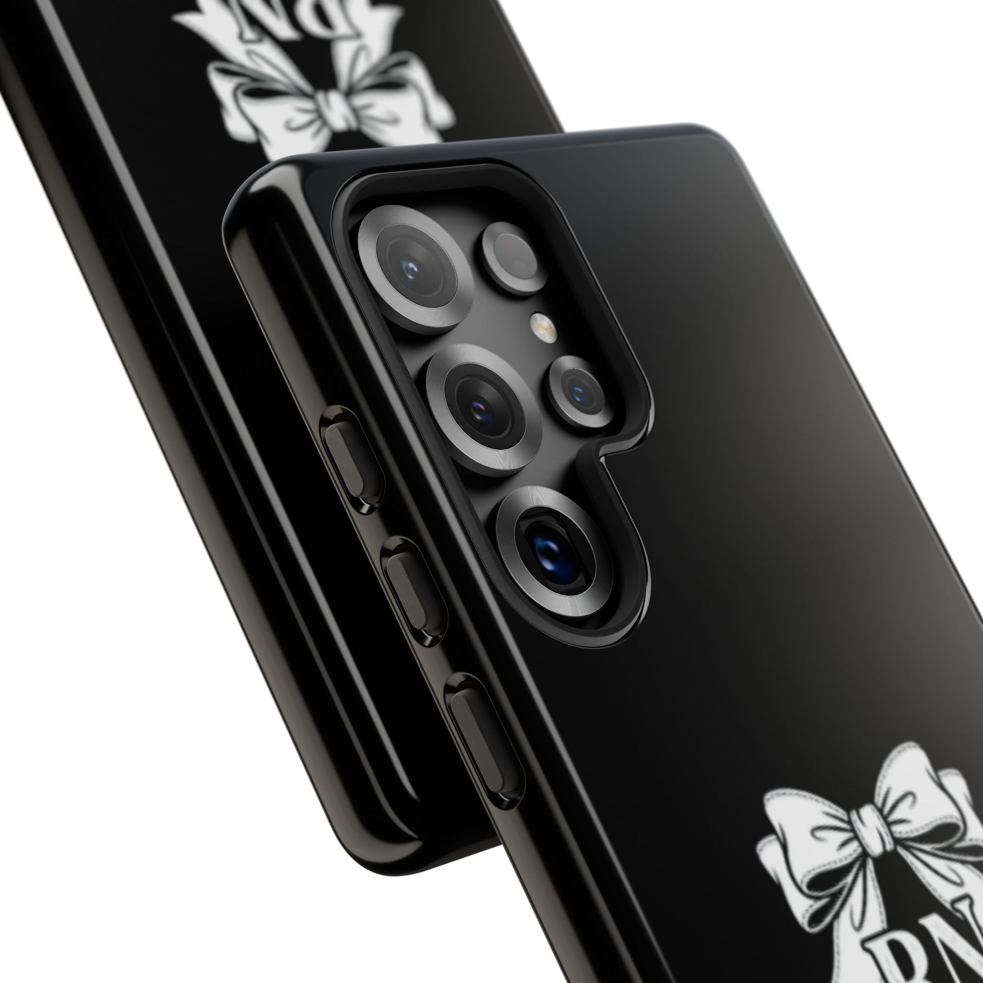 Front view of RN Phone Case with bold white bow print