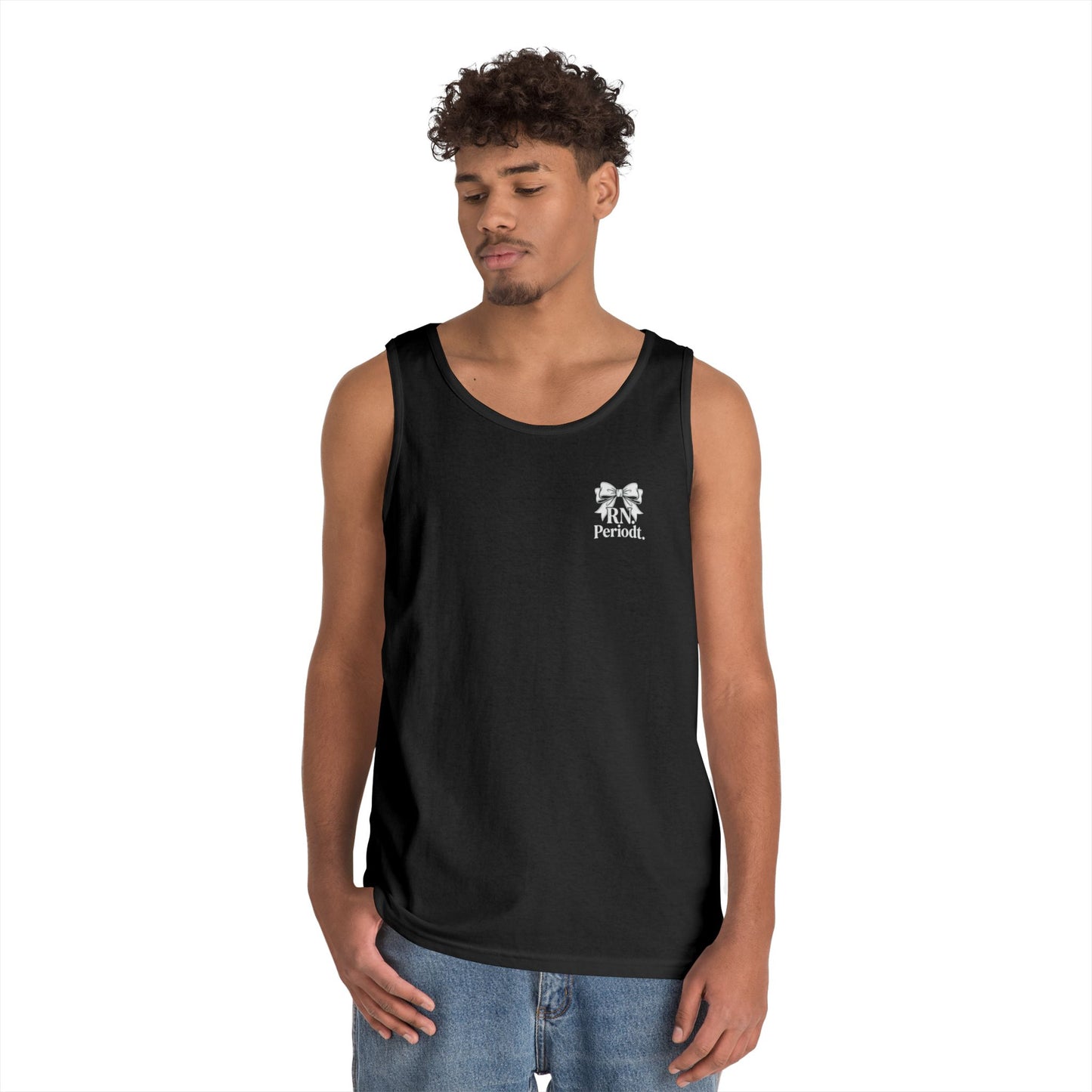 Bow Logo Tank Top worn layered under open shirt style