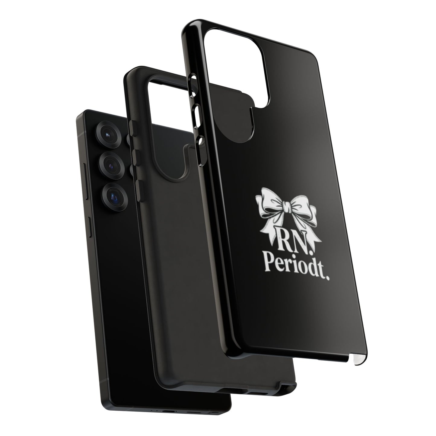 Front view of RN Phone Case with bold white bow print