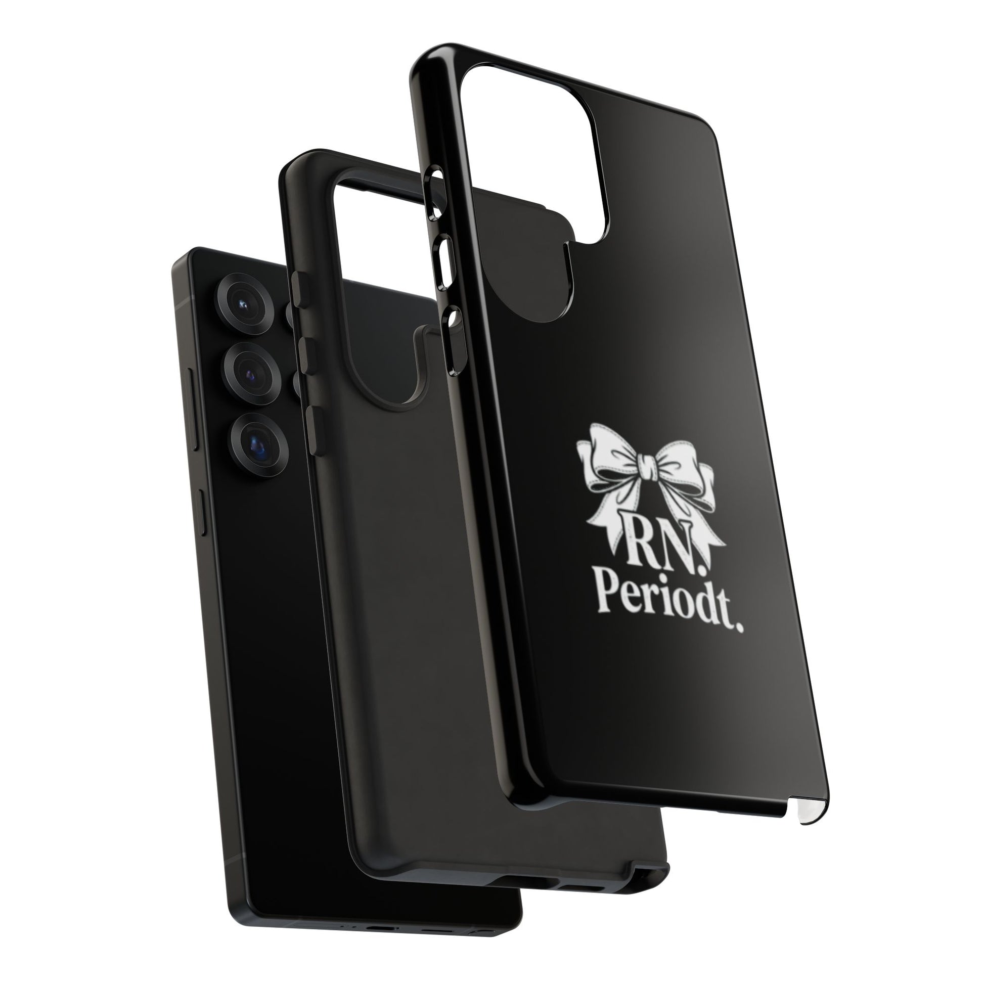Front view of RN Phone Case with bold white bow print