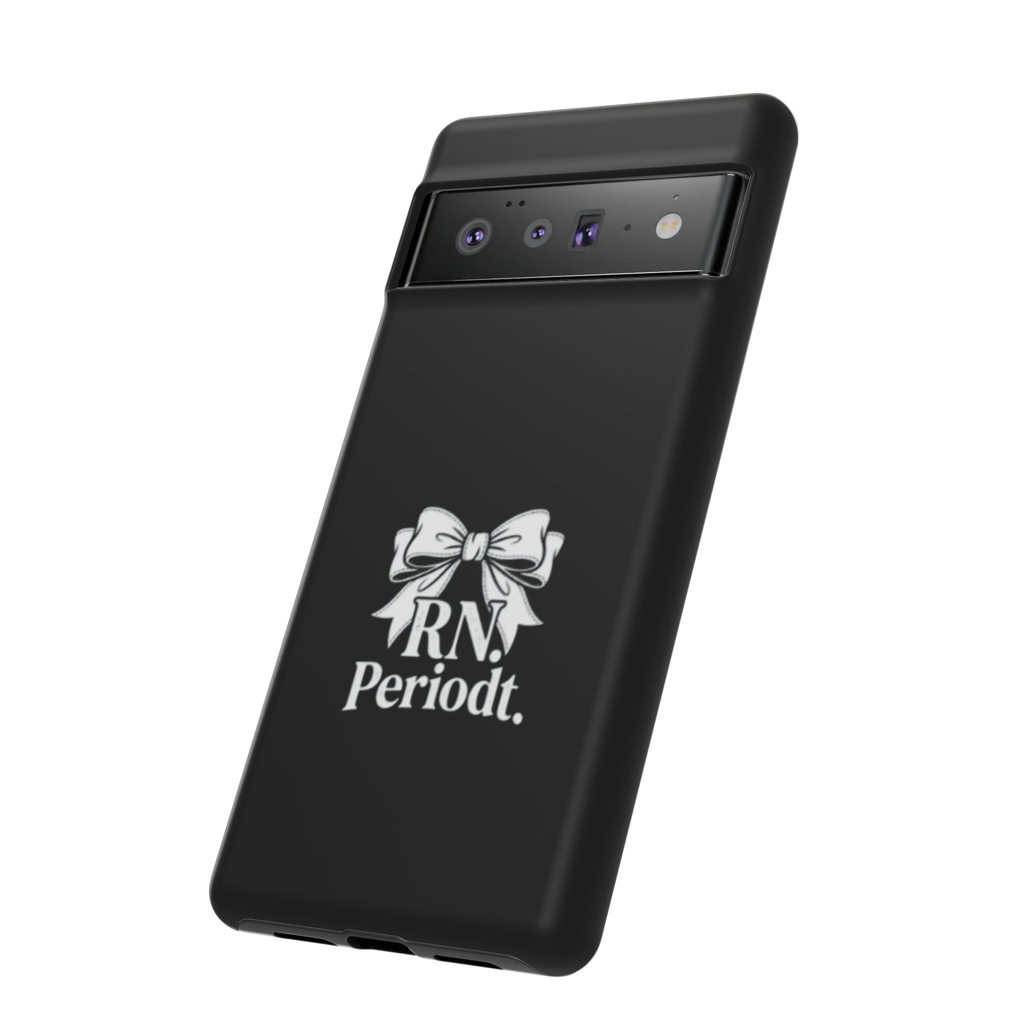 Front view of RN Phone Case with bold white bow print