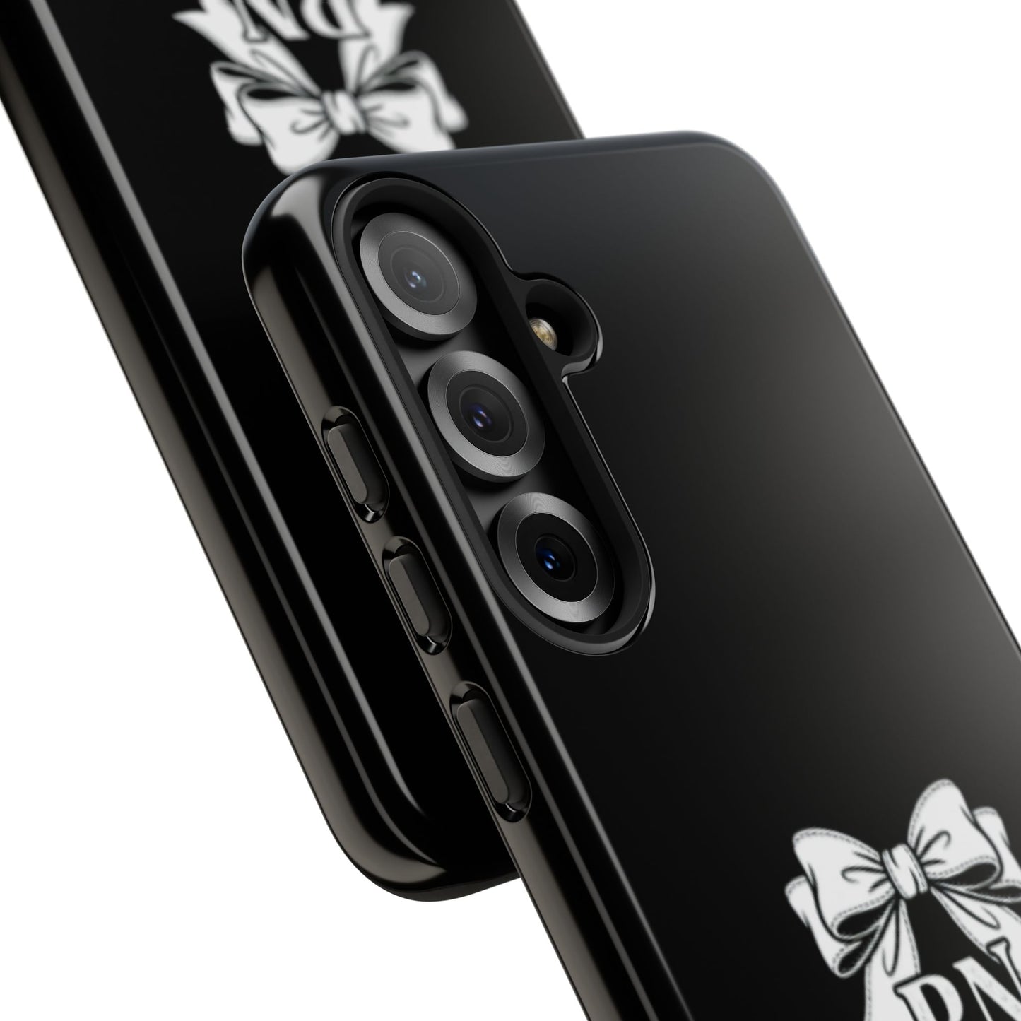 Front view of RN Phone Case with bold white bow print