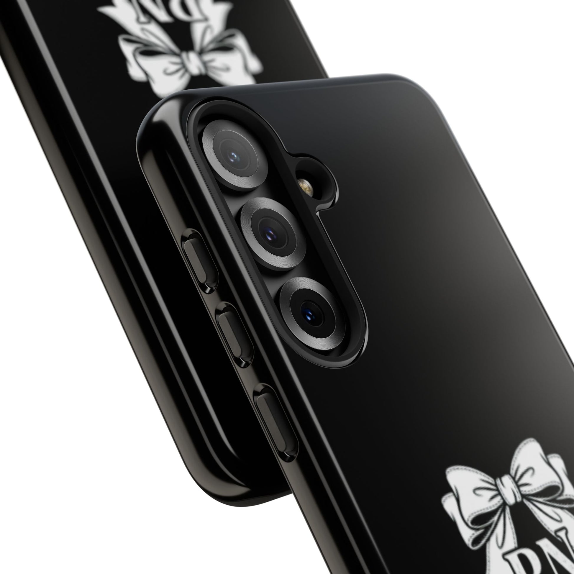 Front view of RN Phone Case with bold white bow print