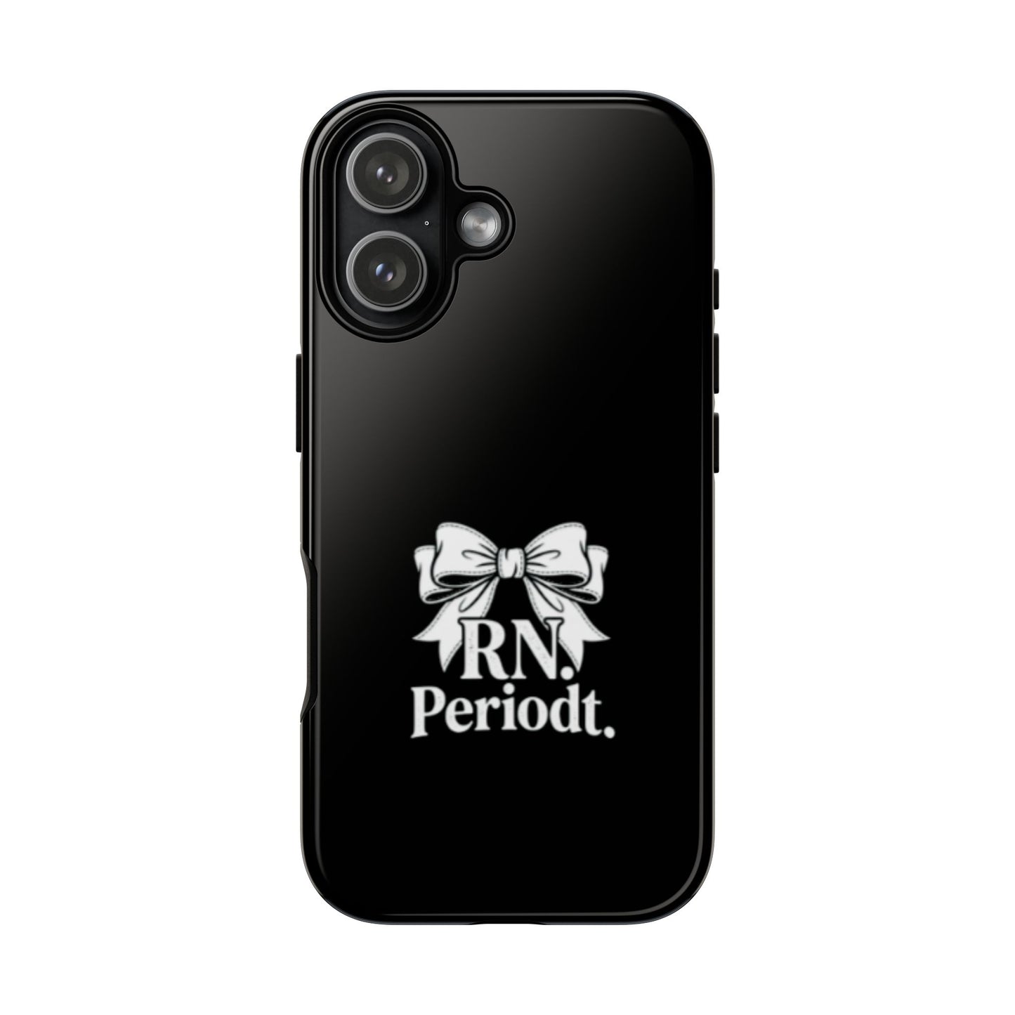 Front view of RN Phone Case with bold white bow print