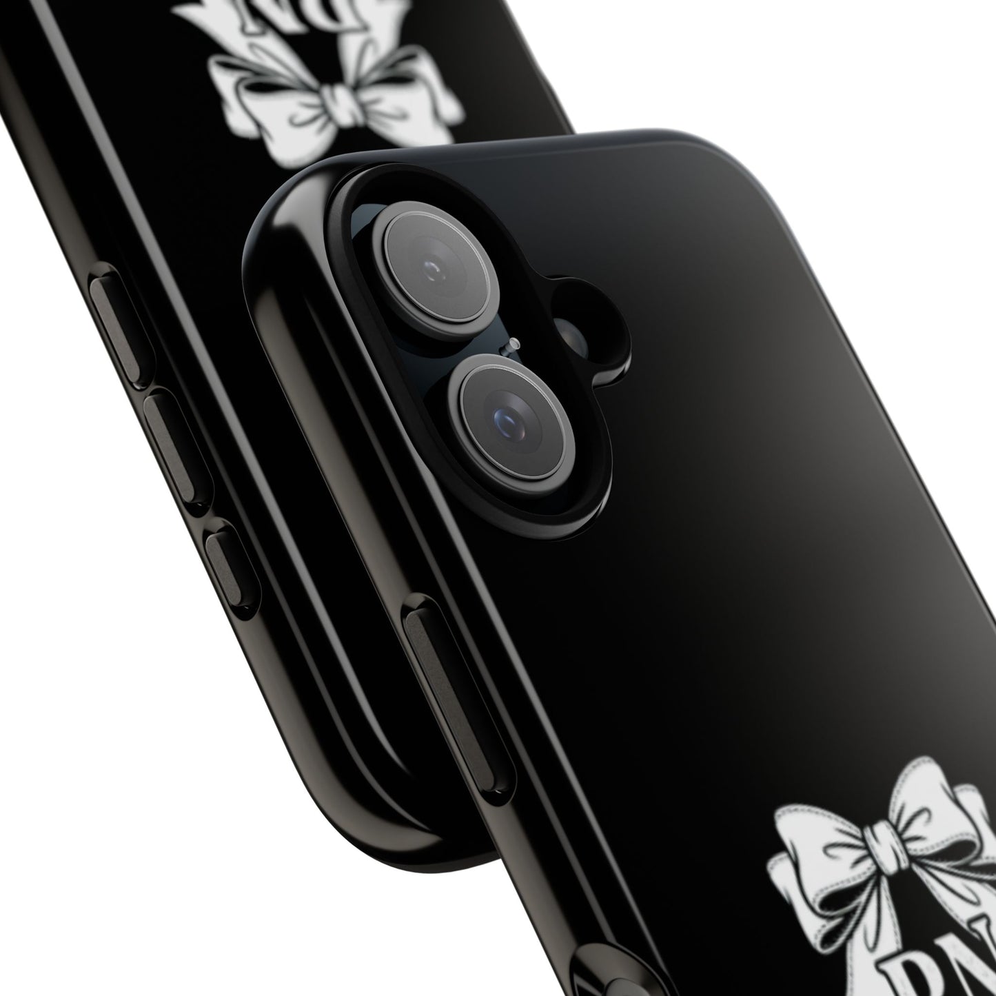Front view of RN Phone Case with bold white bow print