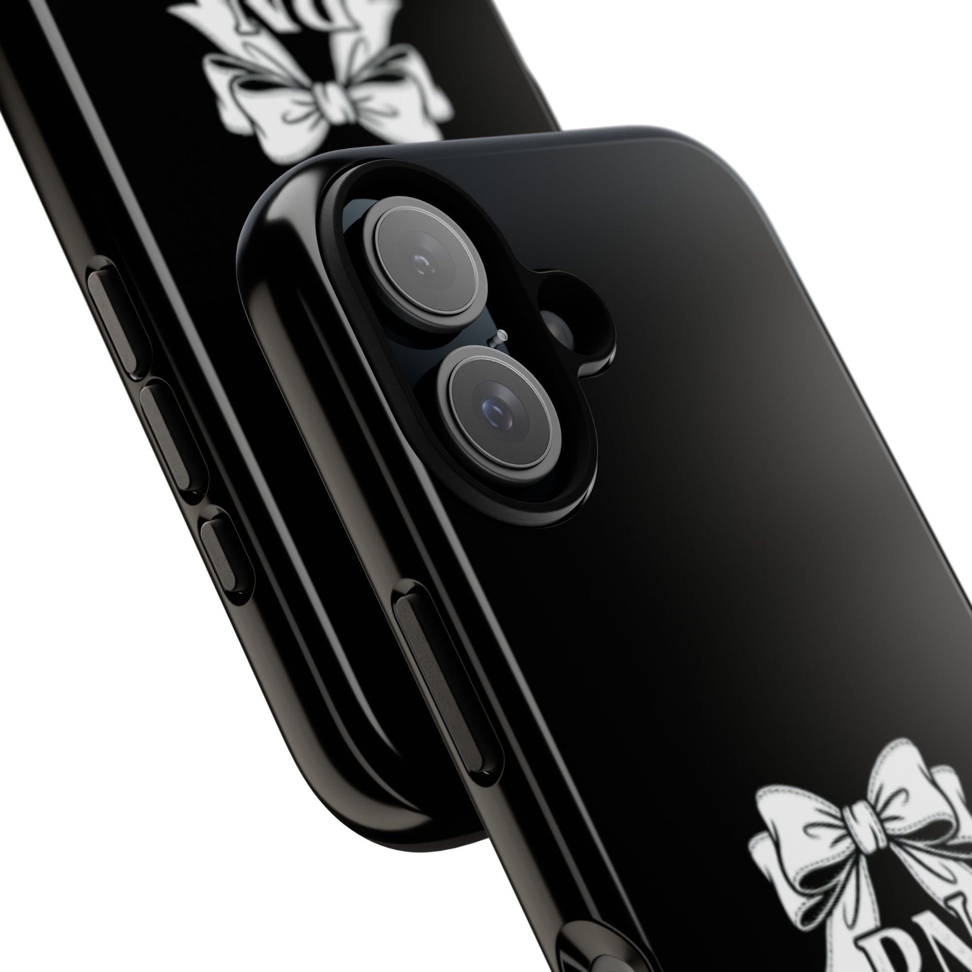 Front view of RN Phone Case with bold white bow print