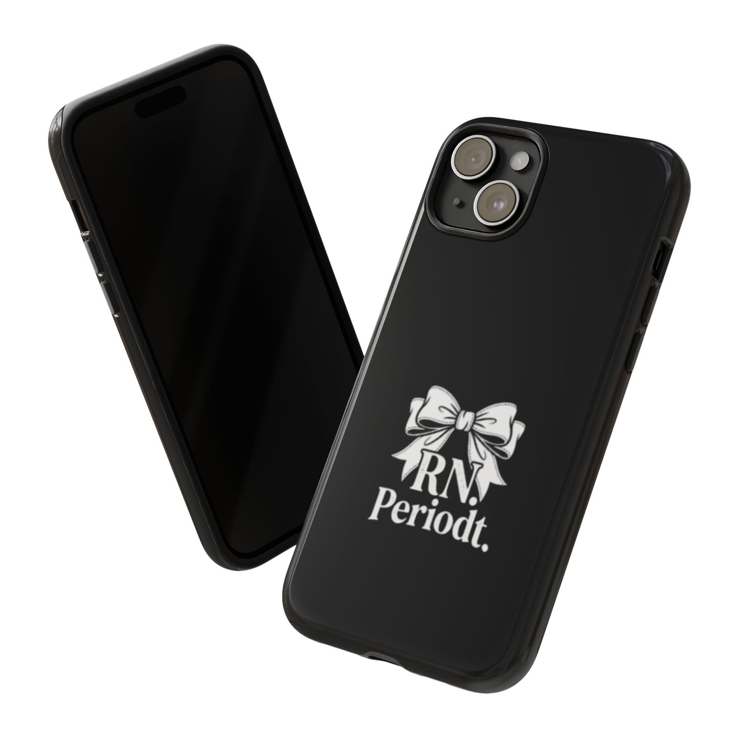 Front view of RN Phone Case with bold white bow print