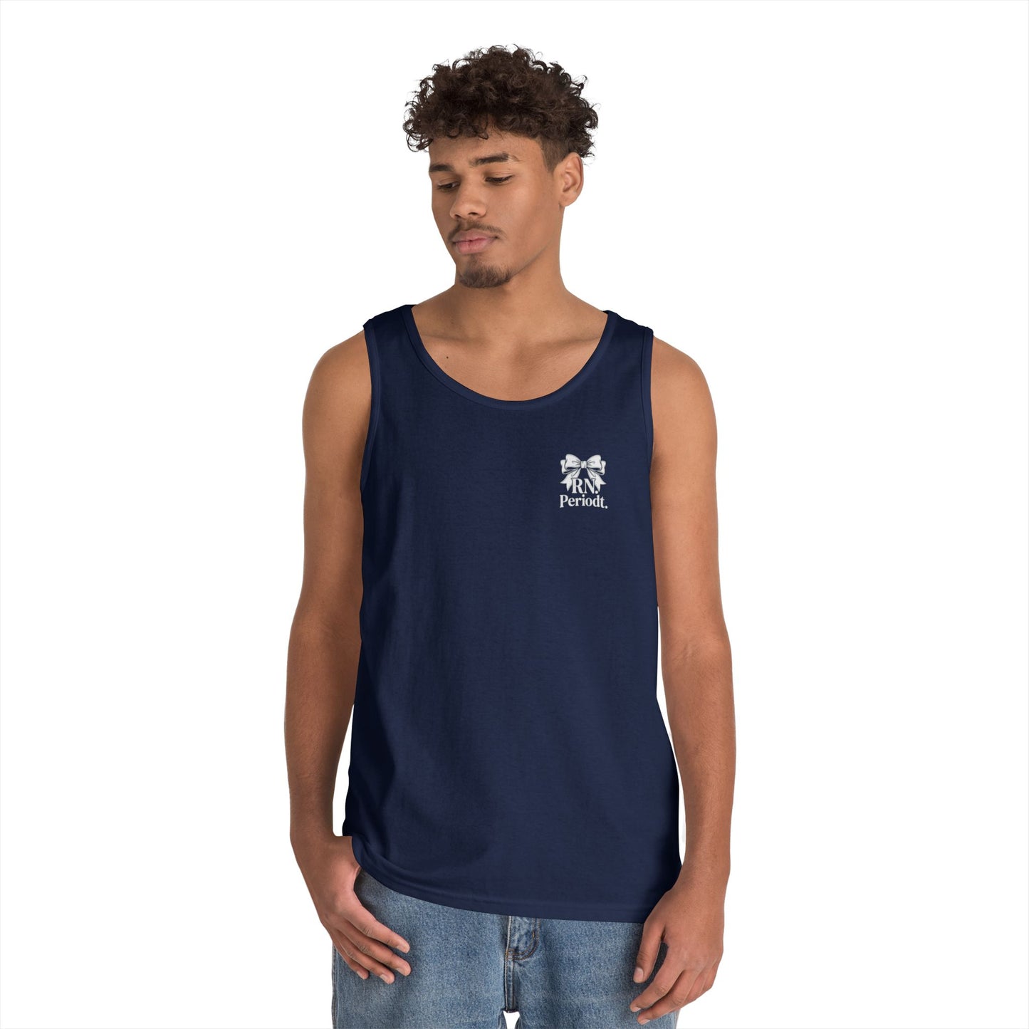 Bow Logo Tank Top worn layered under open shirt style