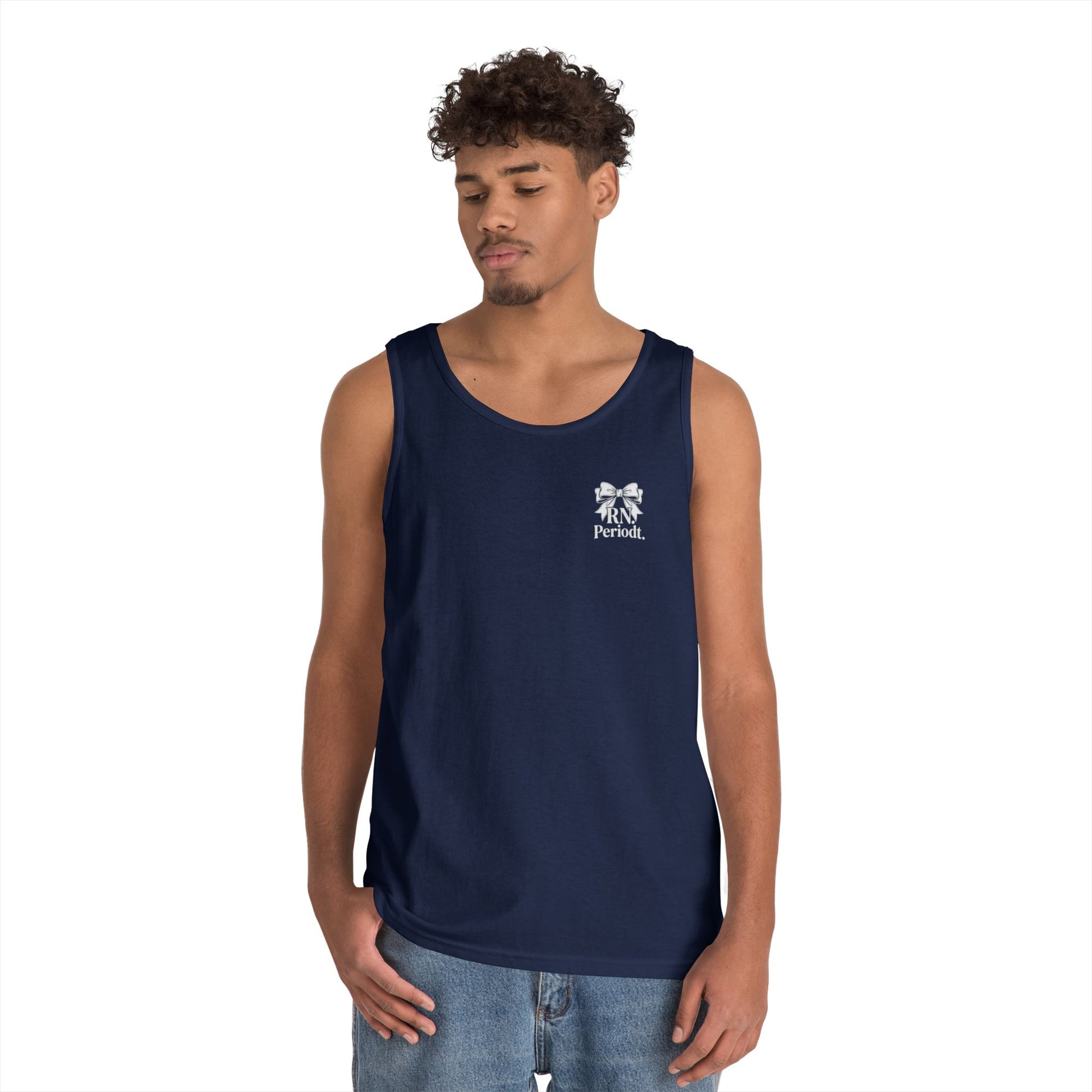 Bow Logo Tank Top worn layered under open shirt style