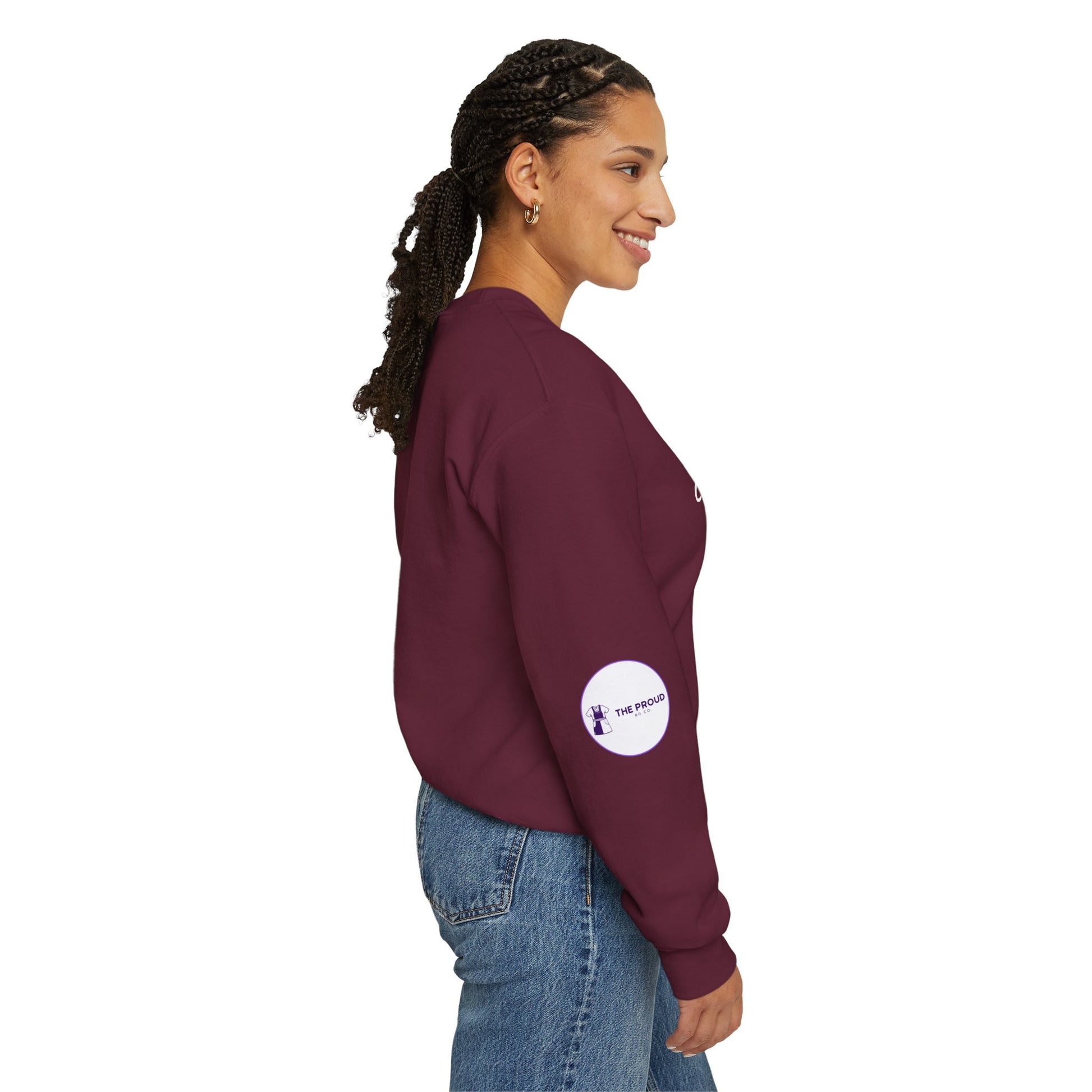 Side view of ICU Nurse Sweatshirt with ribbed collar