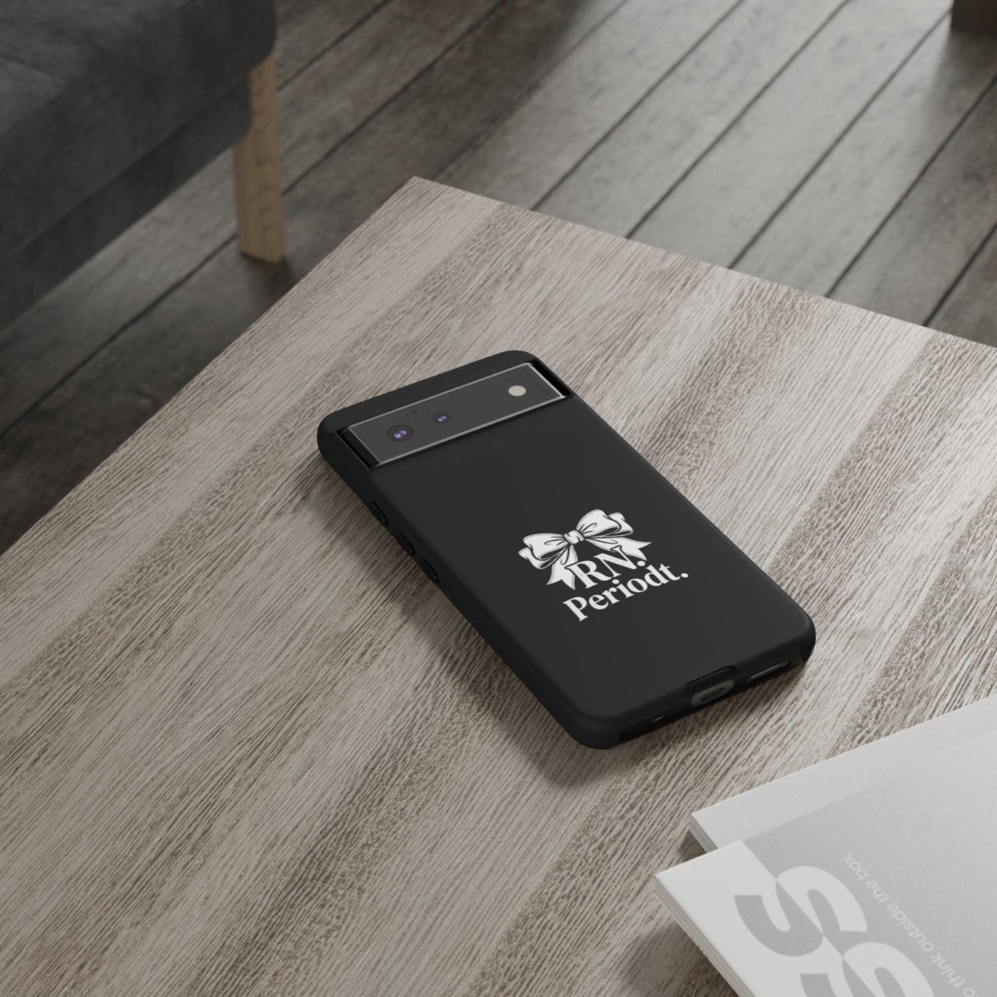 Front view of RN Phone Case with bold white bow print