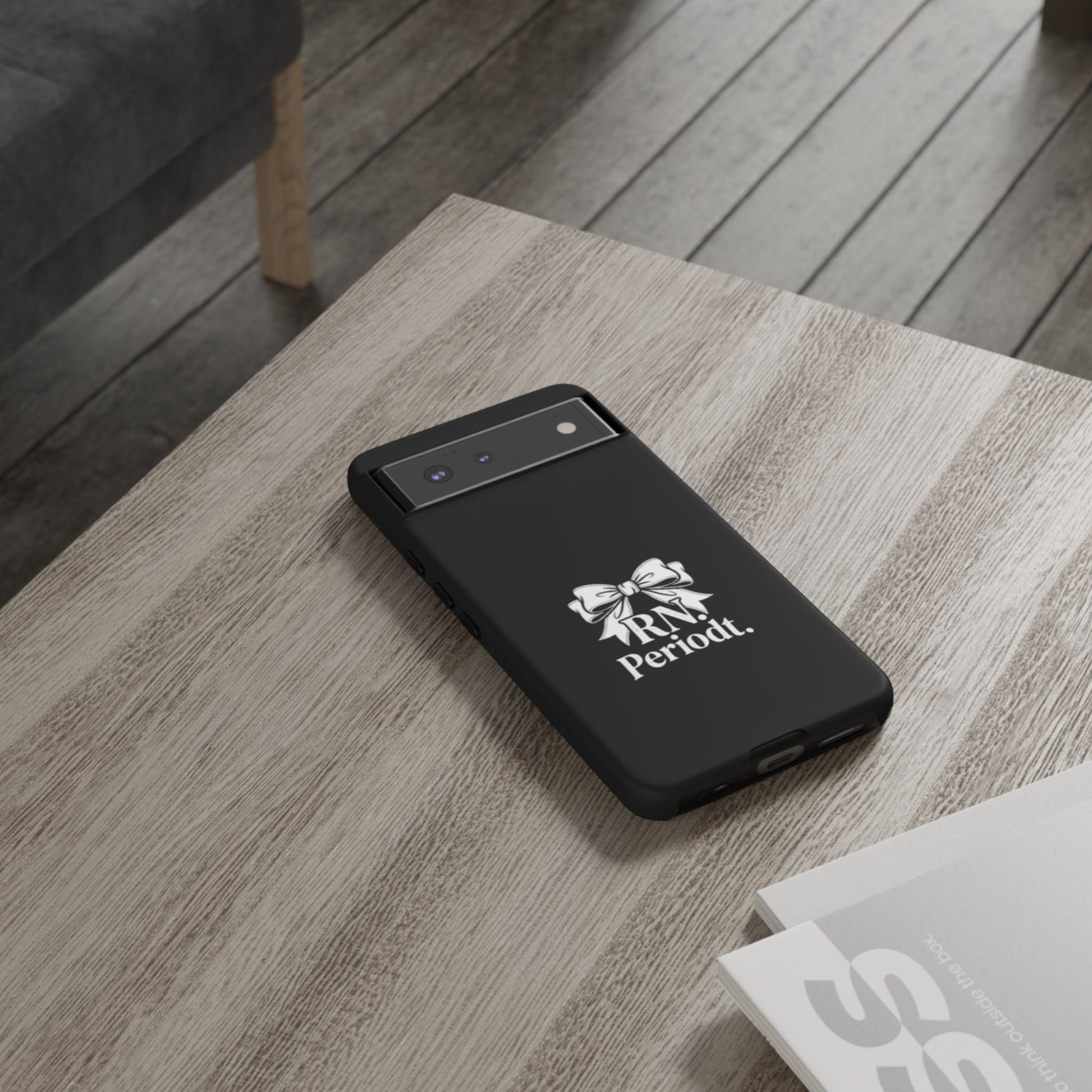 Front view of RN Phone Case with bold white bow print