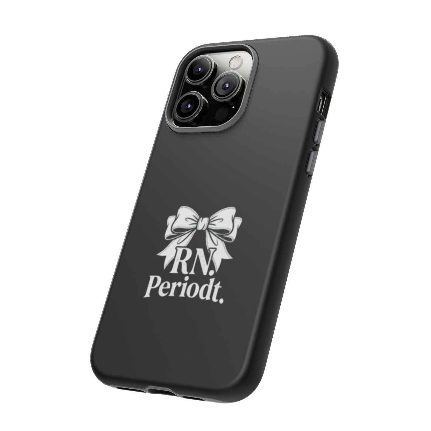 Front view of RN Phone Case with bold white bow print