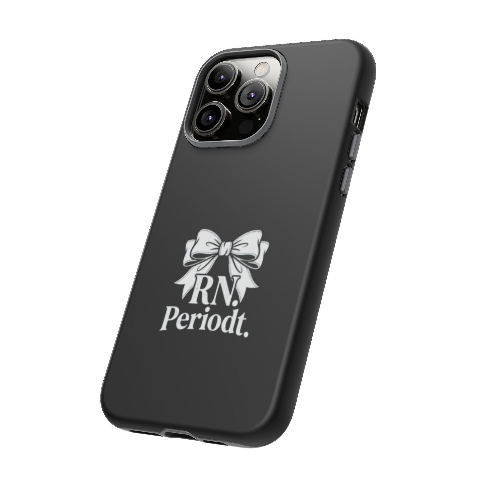 Front view of RN Phone Case with bold white bow print