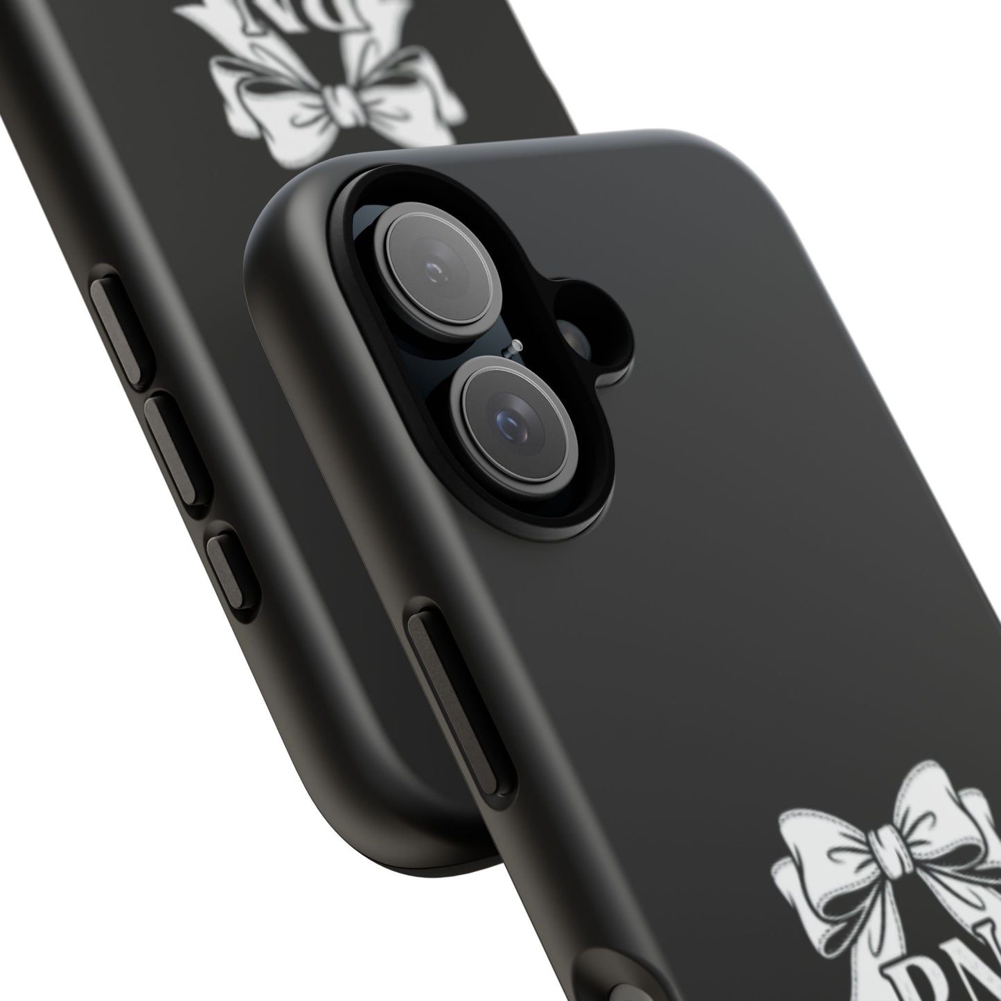 Front view of RN Phone Case with bold white bow print