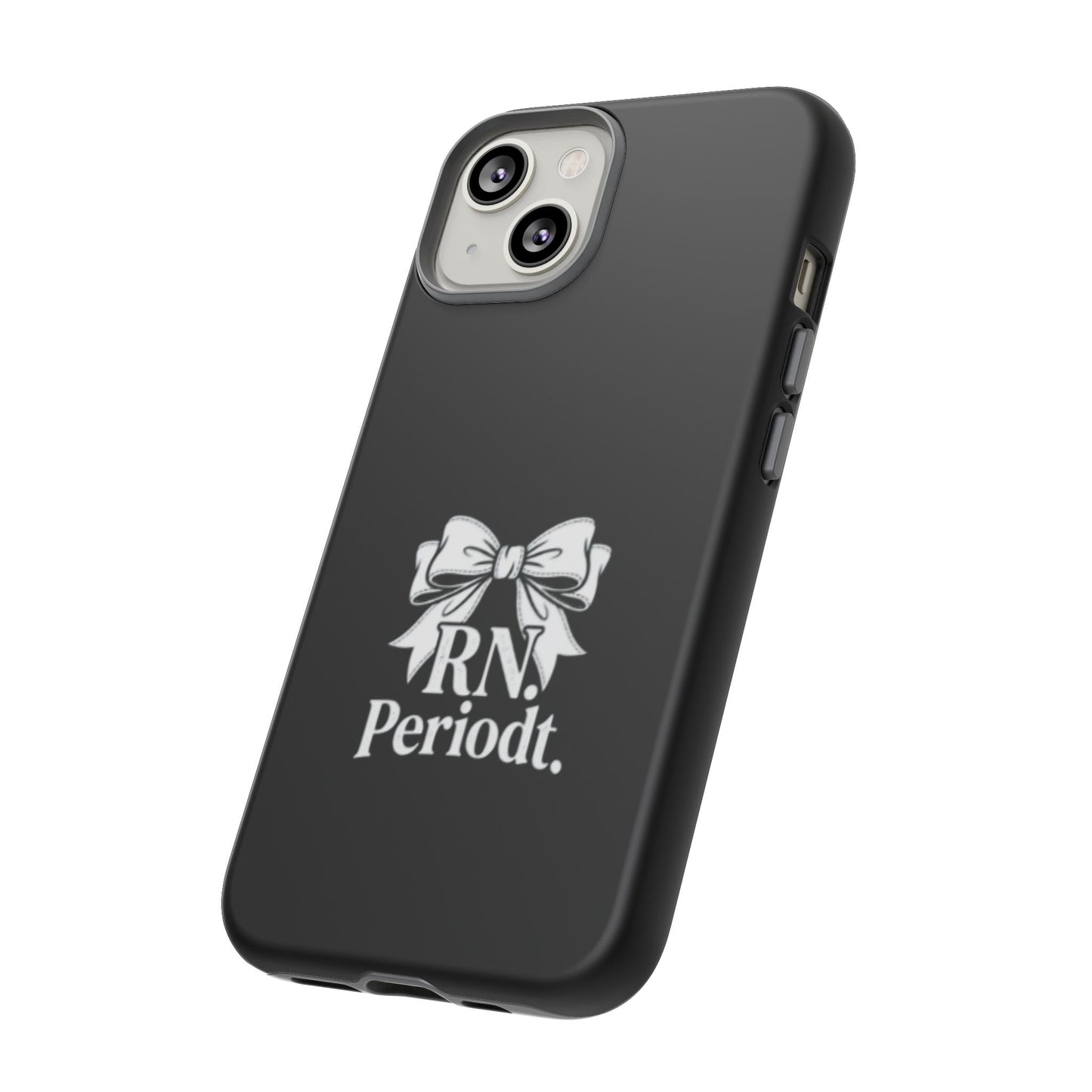 Front view of RN Phone Case with bold white bow print