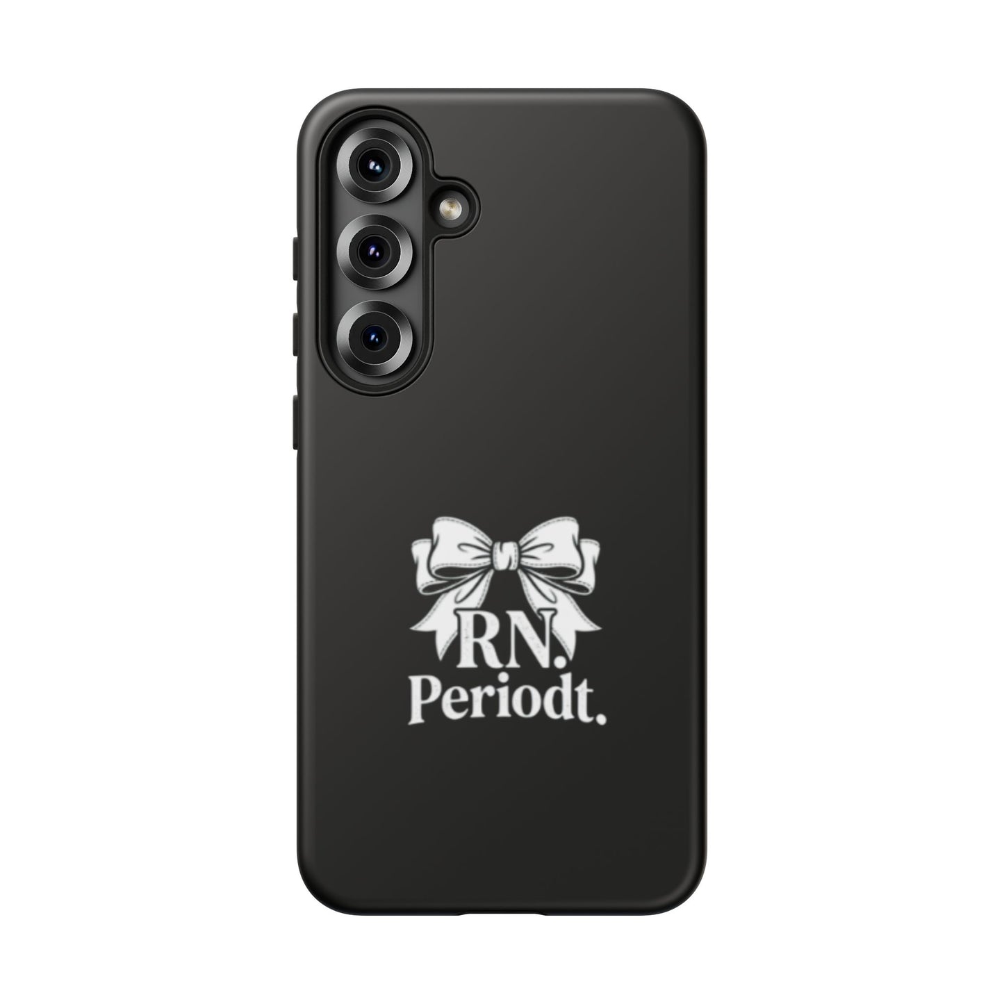 Front view of RN Phone Case with bold white bow print