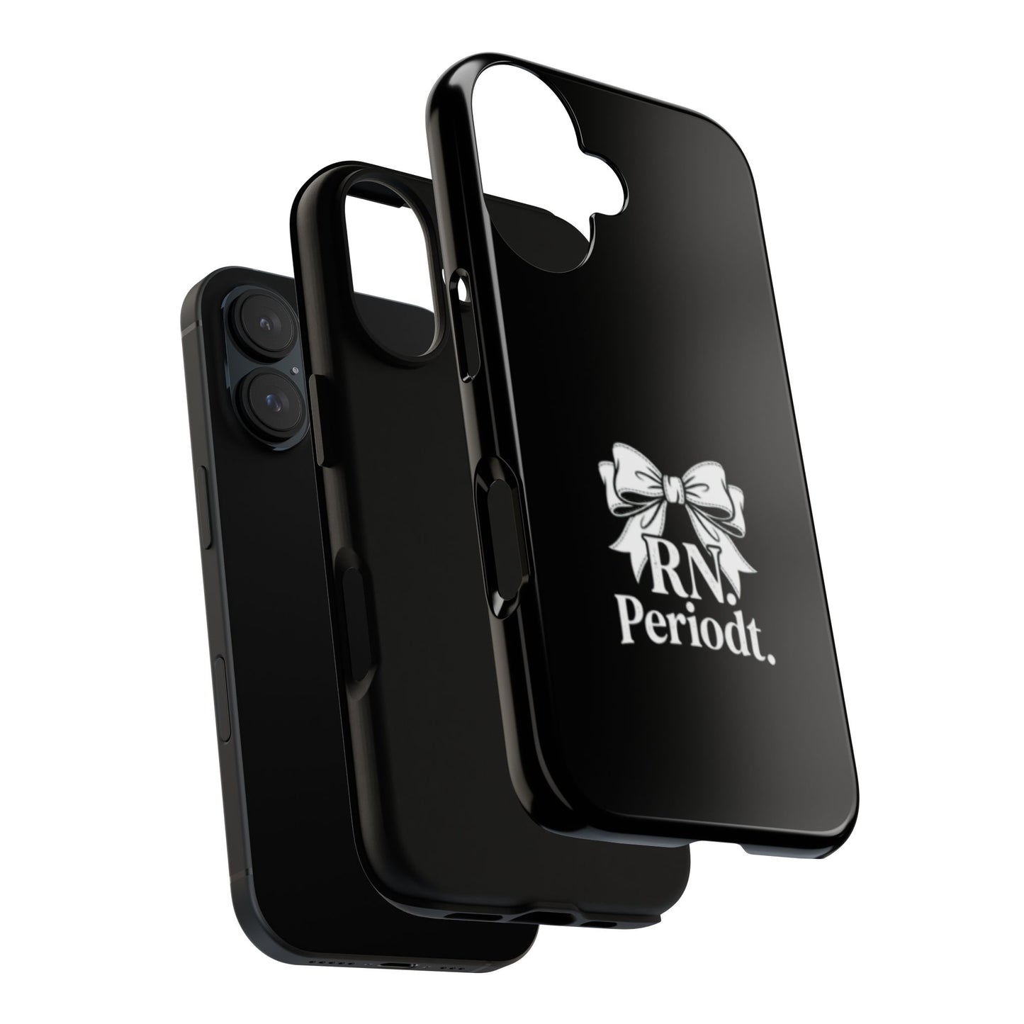 Front view of RN Phone Case with bold white bow print
