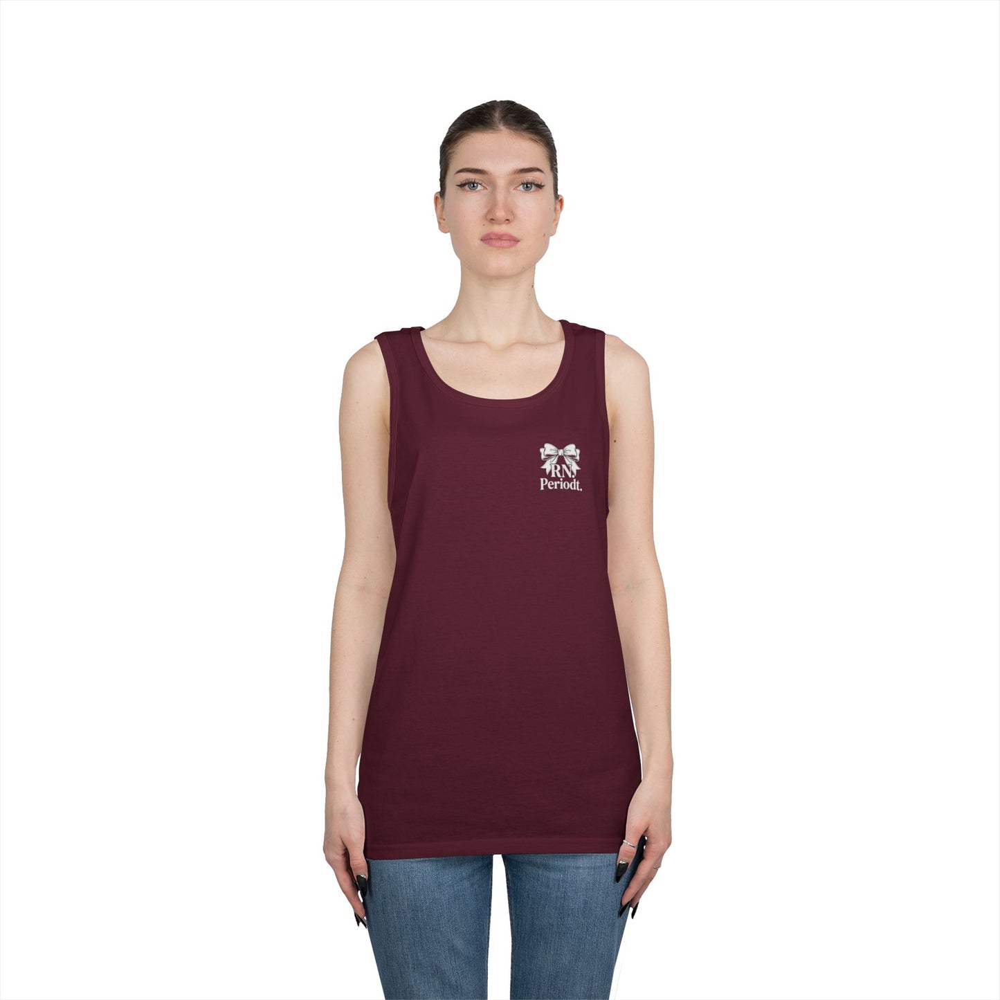Bow Logo Tank Top worn layered under open shirt style