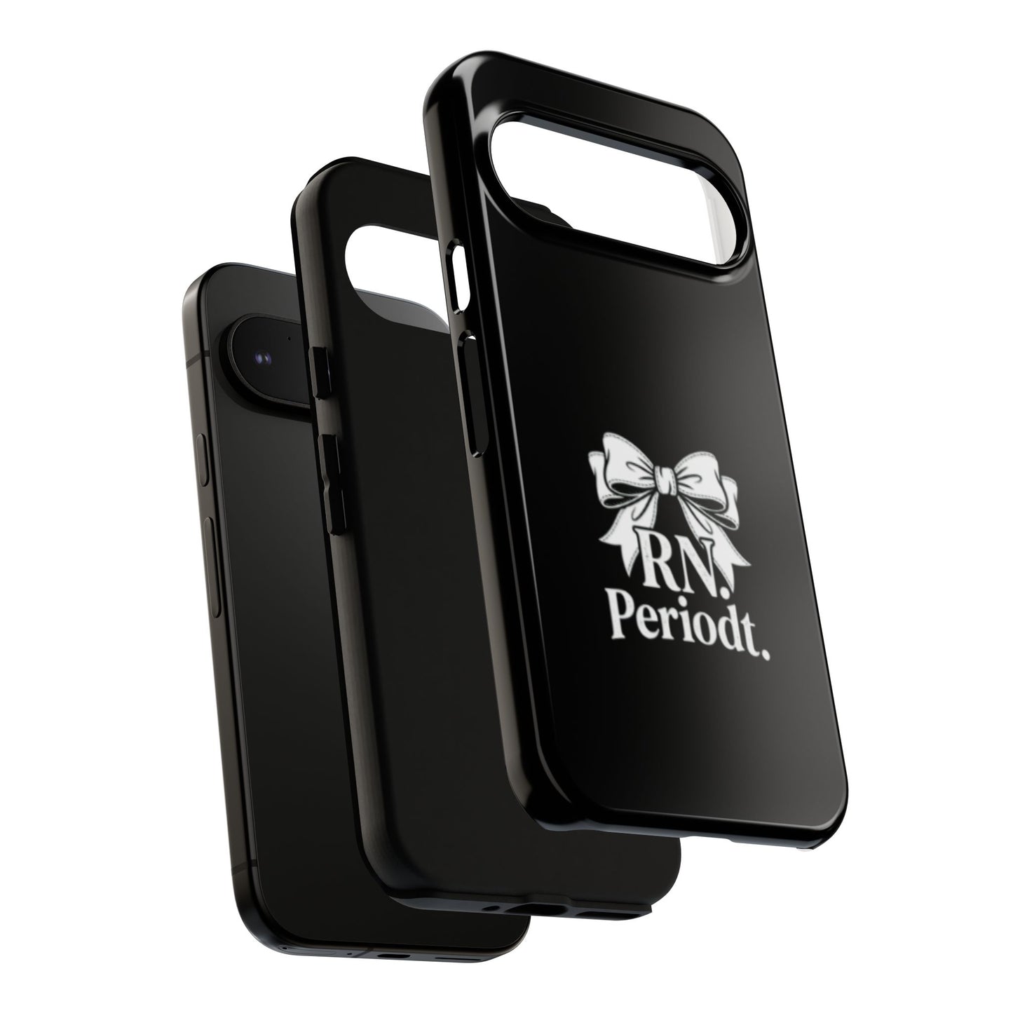 Front view of RN Phone Case with bold white bow print
