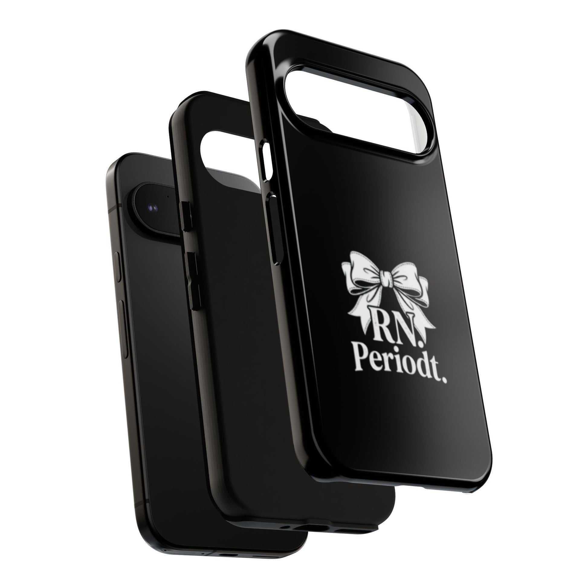 Front view of RN Phone Case with bold white bow print