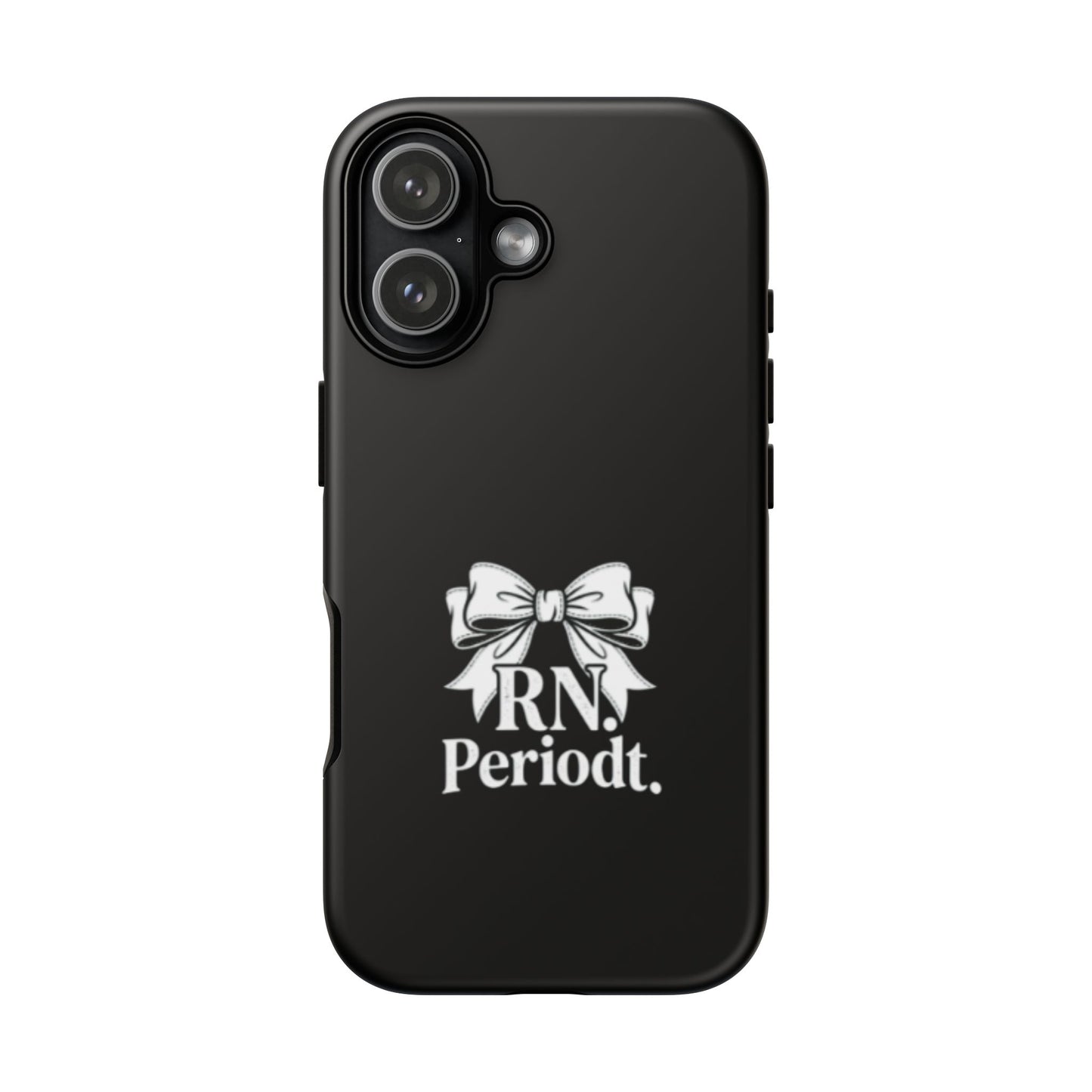 Front view of RN Phone Case with bold white bow print