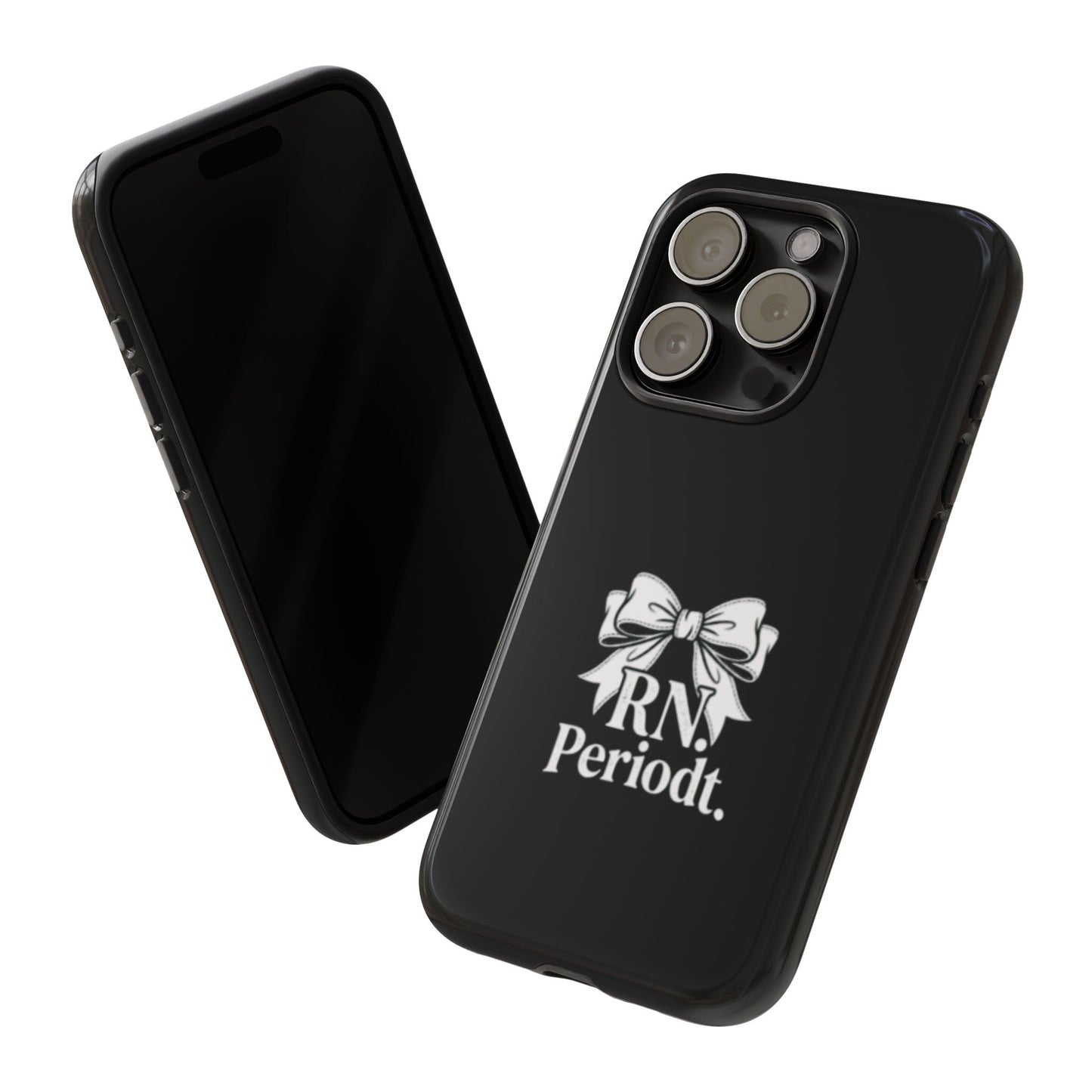 Front view of RN Phone Case with bold white bow print