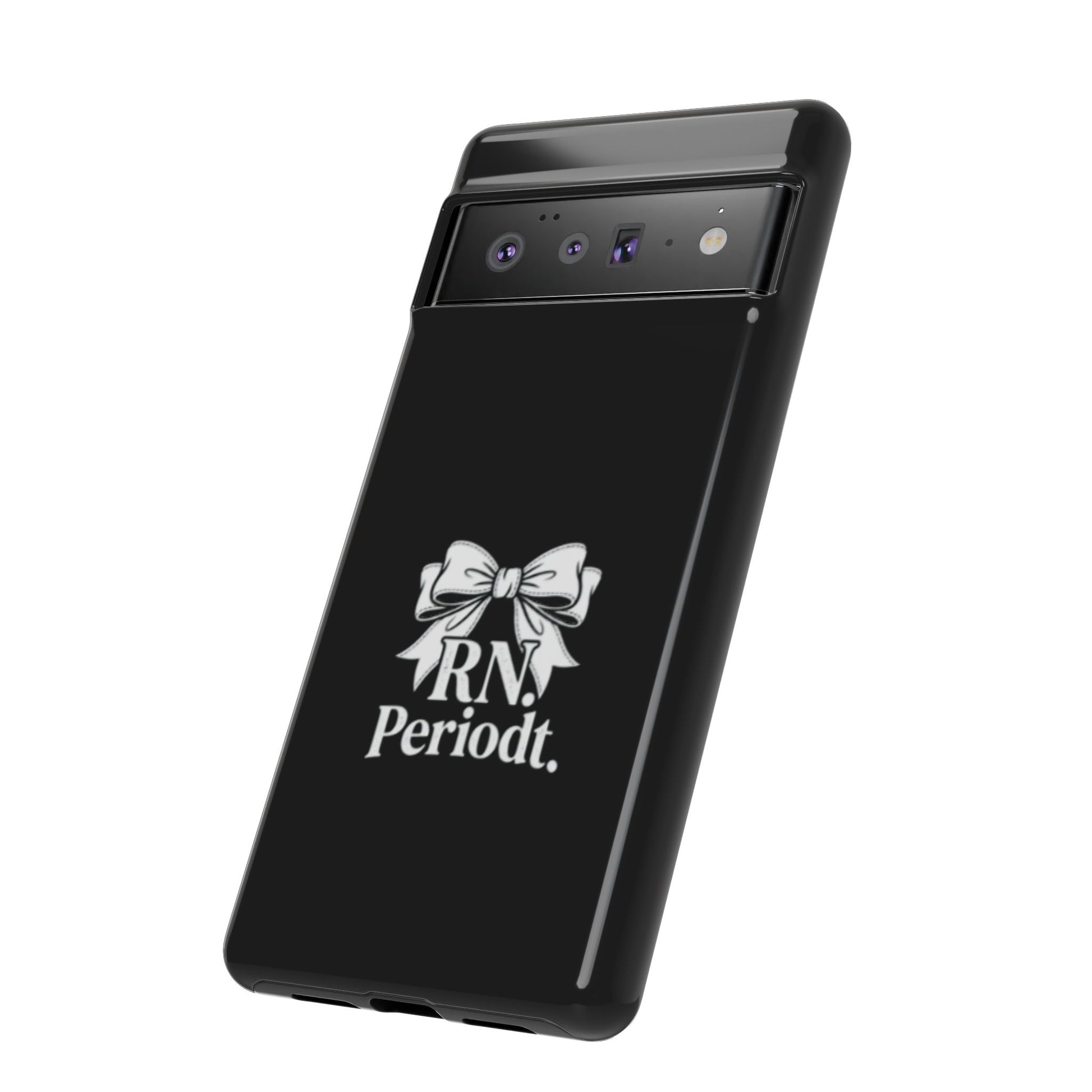 Front view of RN Phone Case with bold white bow print