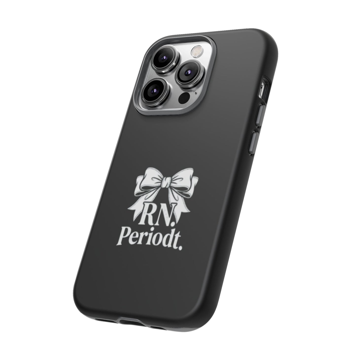 Front view of RN Phone Case with bold white bow print