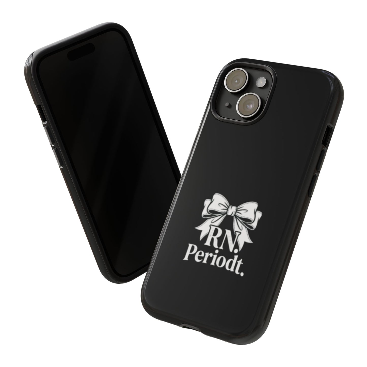 Front view of RN Phone Case with bold white bow print