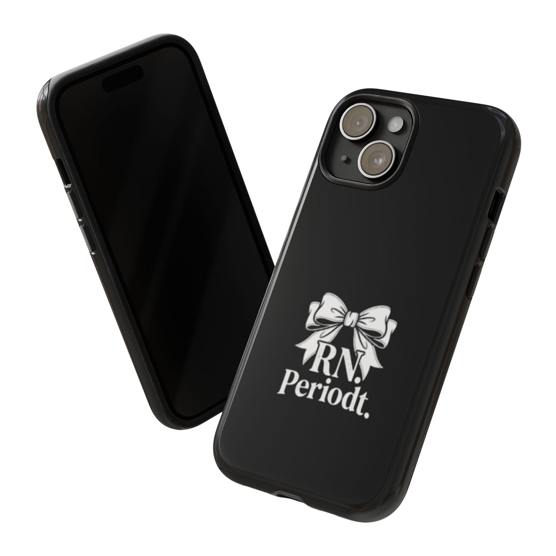 Front view of RN Phone Case with bold white bow print
