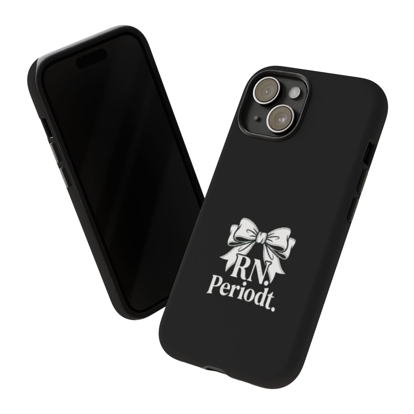 Front view of RN Phone Case with bold white bow print