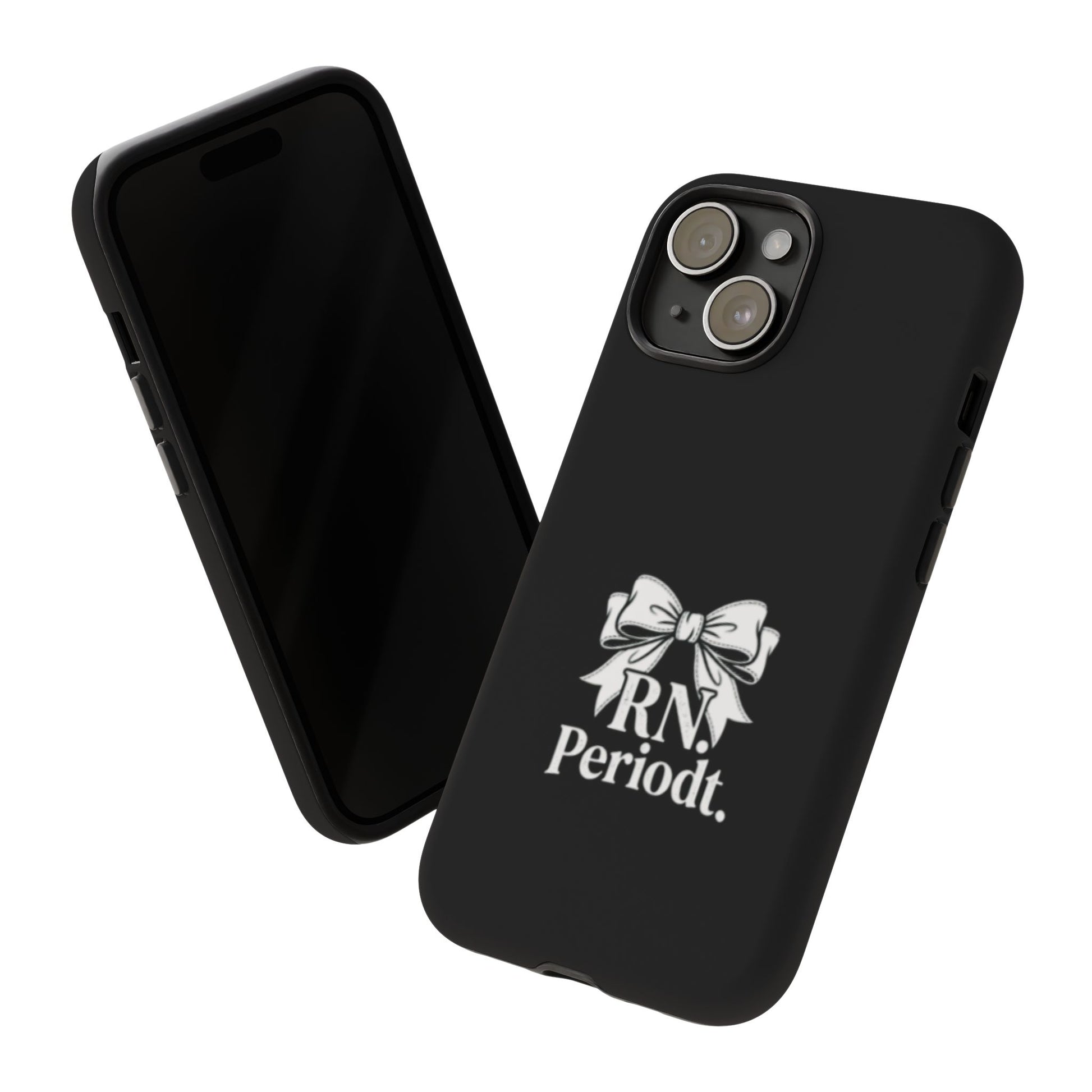 Front view of RN Phone Case with bold white bow print