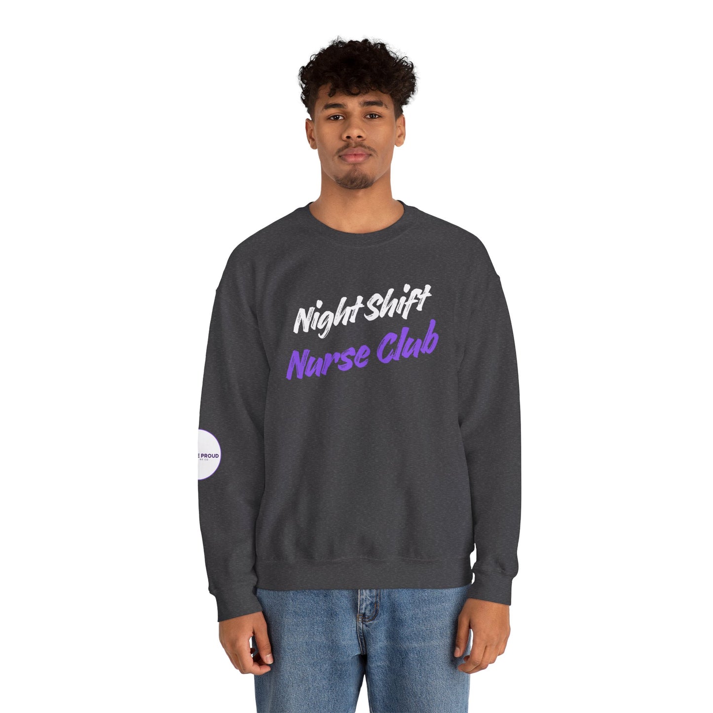 Night Shift Nurse Sweatshirt with embroidered purple lettering